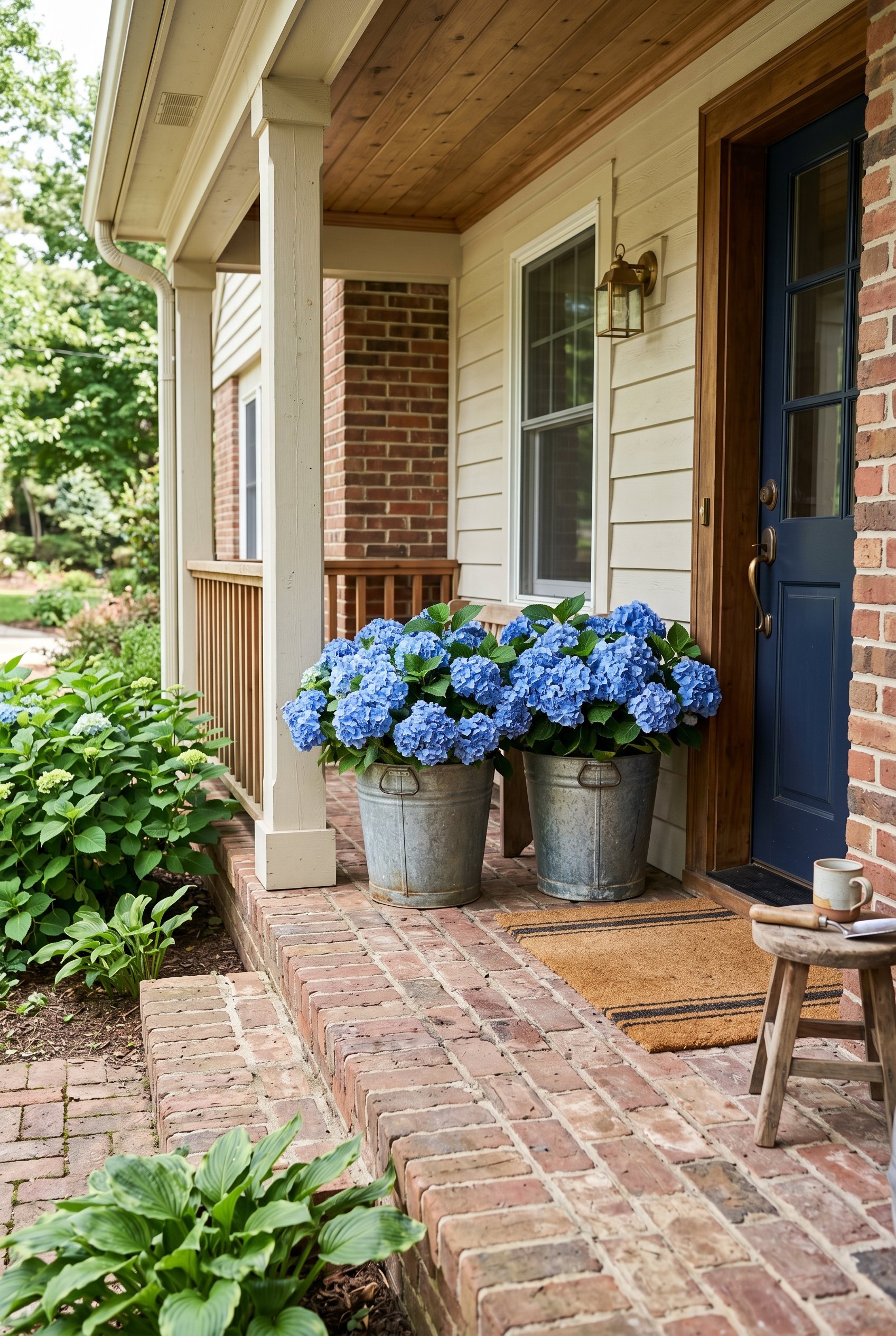 Photorealistic exterior photo. Large galvanized steel buckets filled with massive, blooming blue hydrangea bushes, sitting on a brick front porch. Rustic industrial style, bright summer lighting. Edit