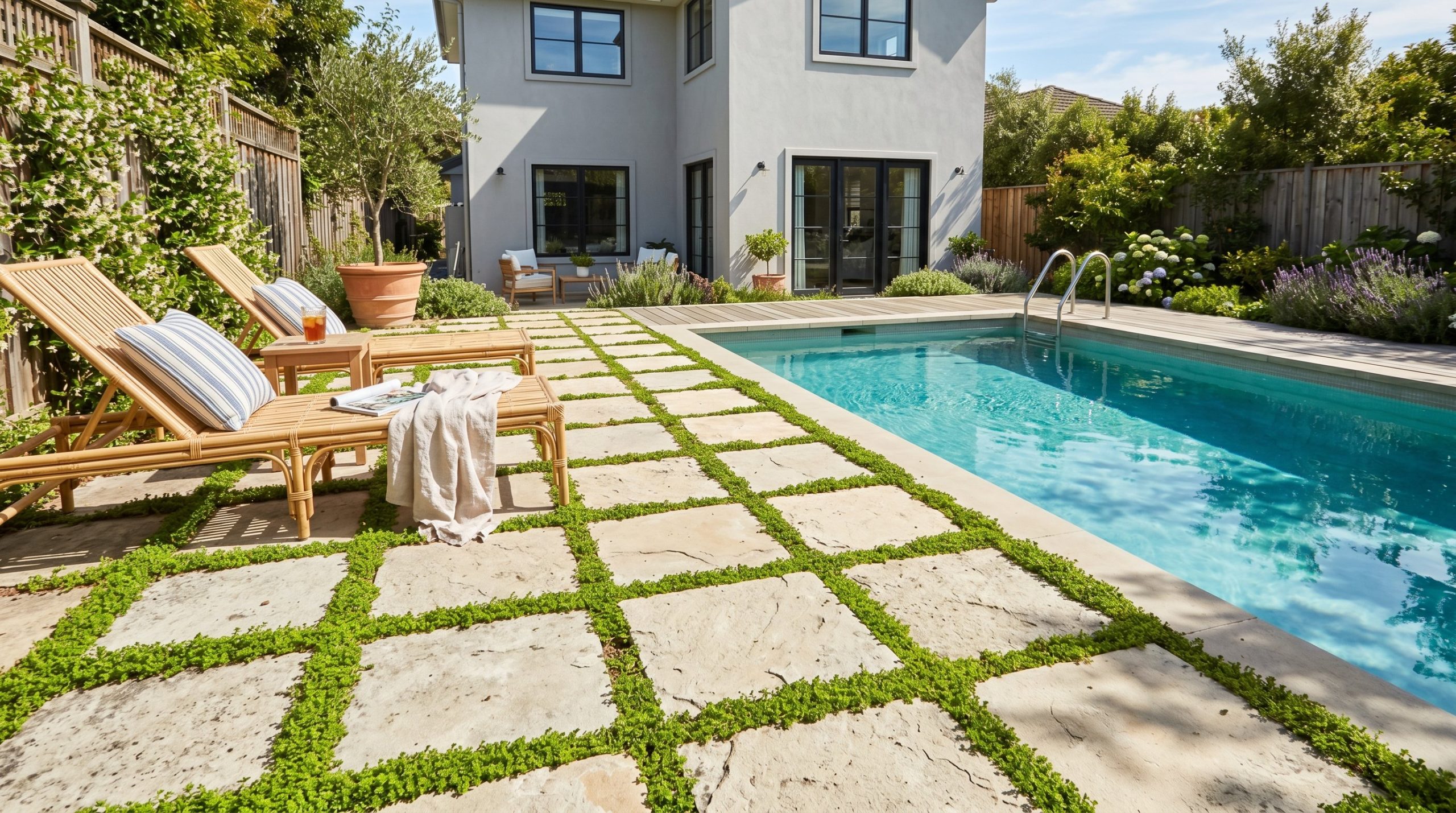 Photorealistic exterior photo. Large square limestone pavers with bright green creeping thyme growing perfectly between the joints, next to a modern swimming pool. Bright midday sunlight, crisp shadow
