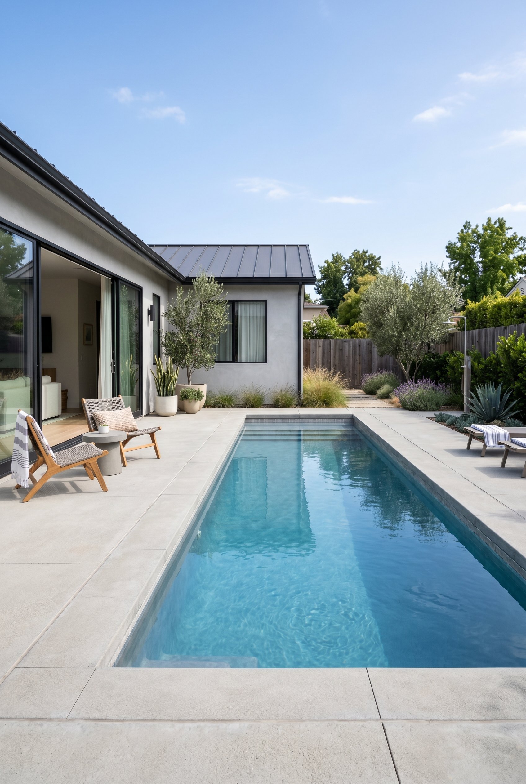 Photorealistic exterior photo. Long, narrow rectangular pool with sharp geometric lines, clean concrete decking, minimal landscaping, bright sunny day, architectural photography style. Editorial photo