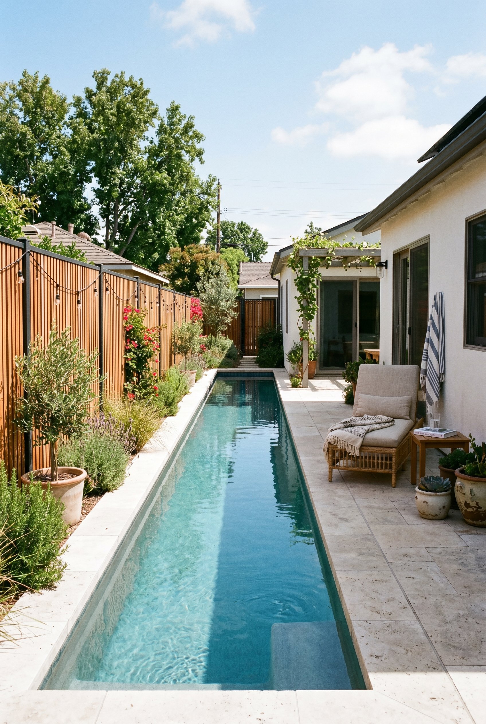 Photorealistic exterior photo. Long, very narrow lap pool running along a modern fence line, white plaster, pale stone deck, sunny daylight. Editorial photography style, no people visible.