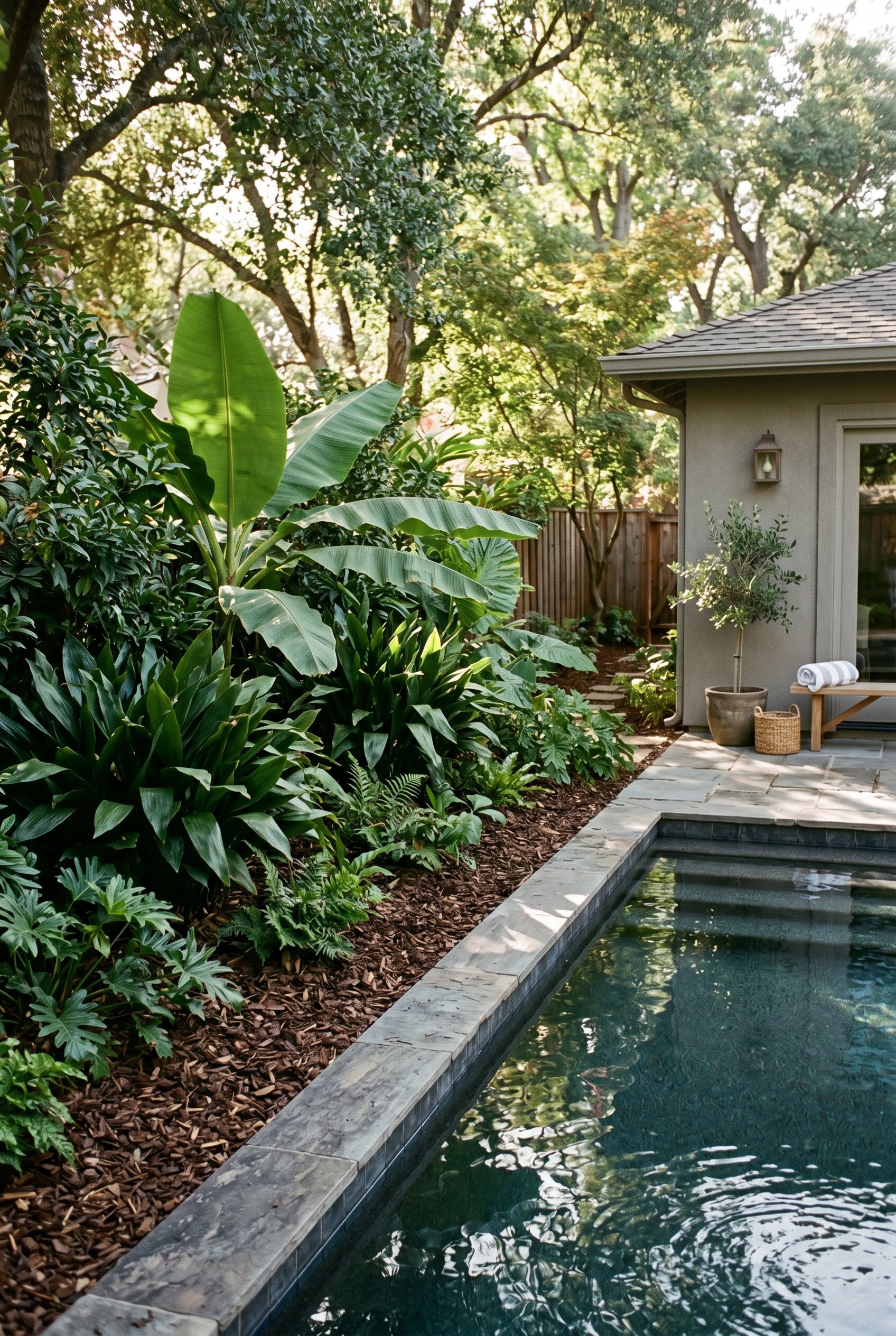 Photorealistic exterior photo. Lush cast iron plants and banana leaves in a heavily mulched garden bed next to a dark tile pool. Rich green textures, soft dappled sunlight filtering through trees. Edi