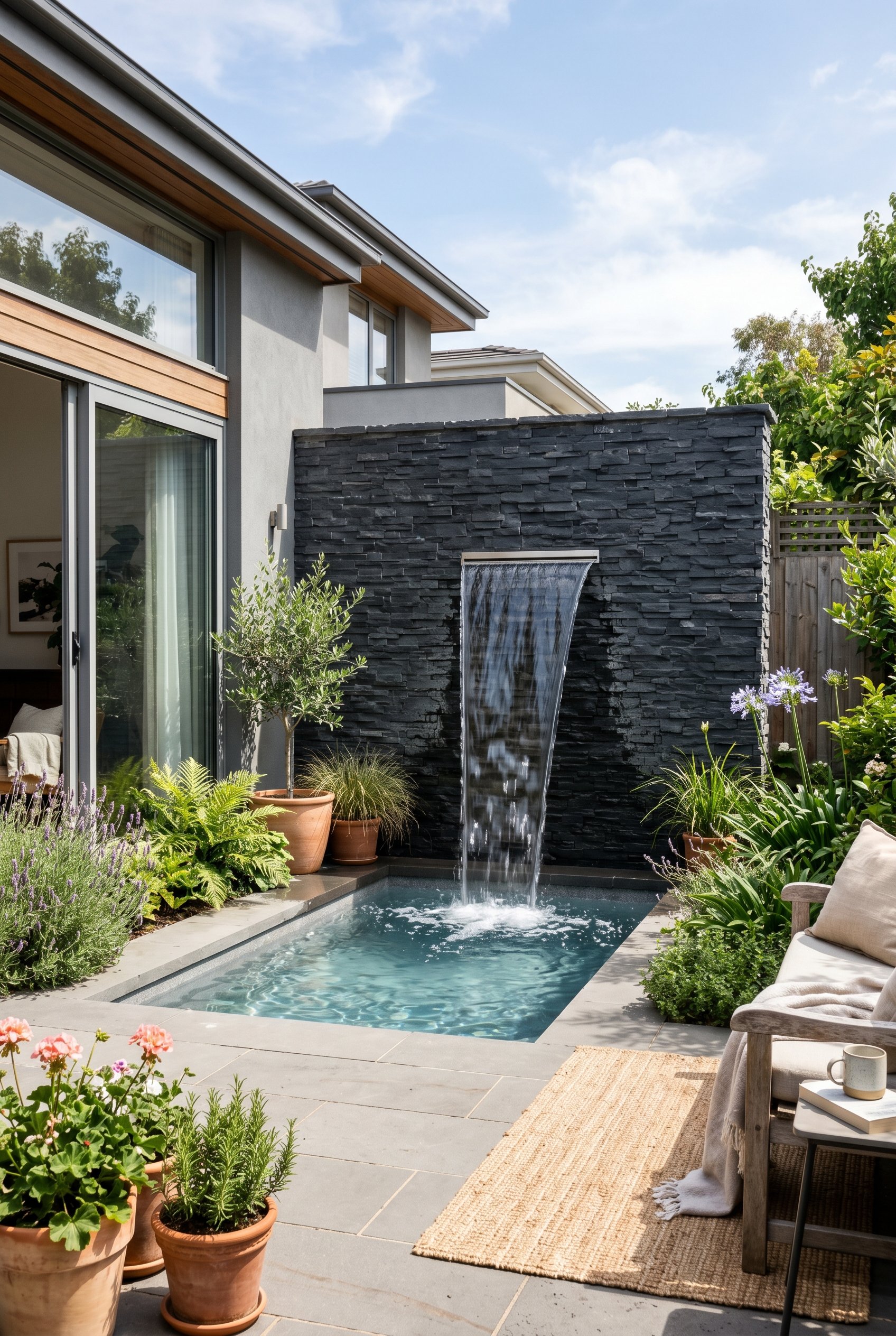 Photorealistic exterior photo. Modern sheer descent waterfall pouring from a dark stone wall into a small pool, bright daylight. Editorial photography style, no people visible.