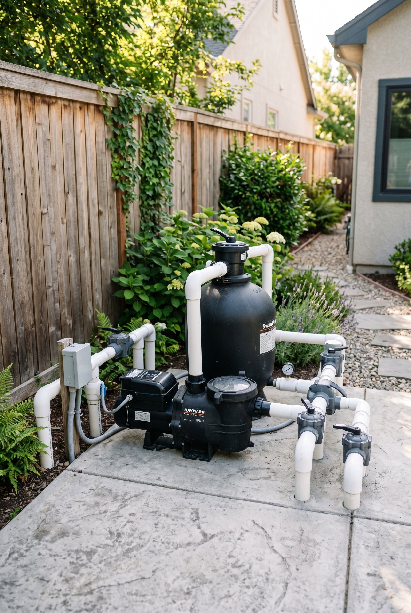 Photorealistic exterior photo. Modern variable-speed pool pump and PVC plumbing equipment sitting on a concrete pad near a fence, clean mechanical setup, bright daylight. Editorial photography style,