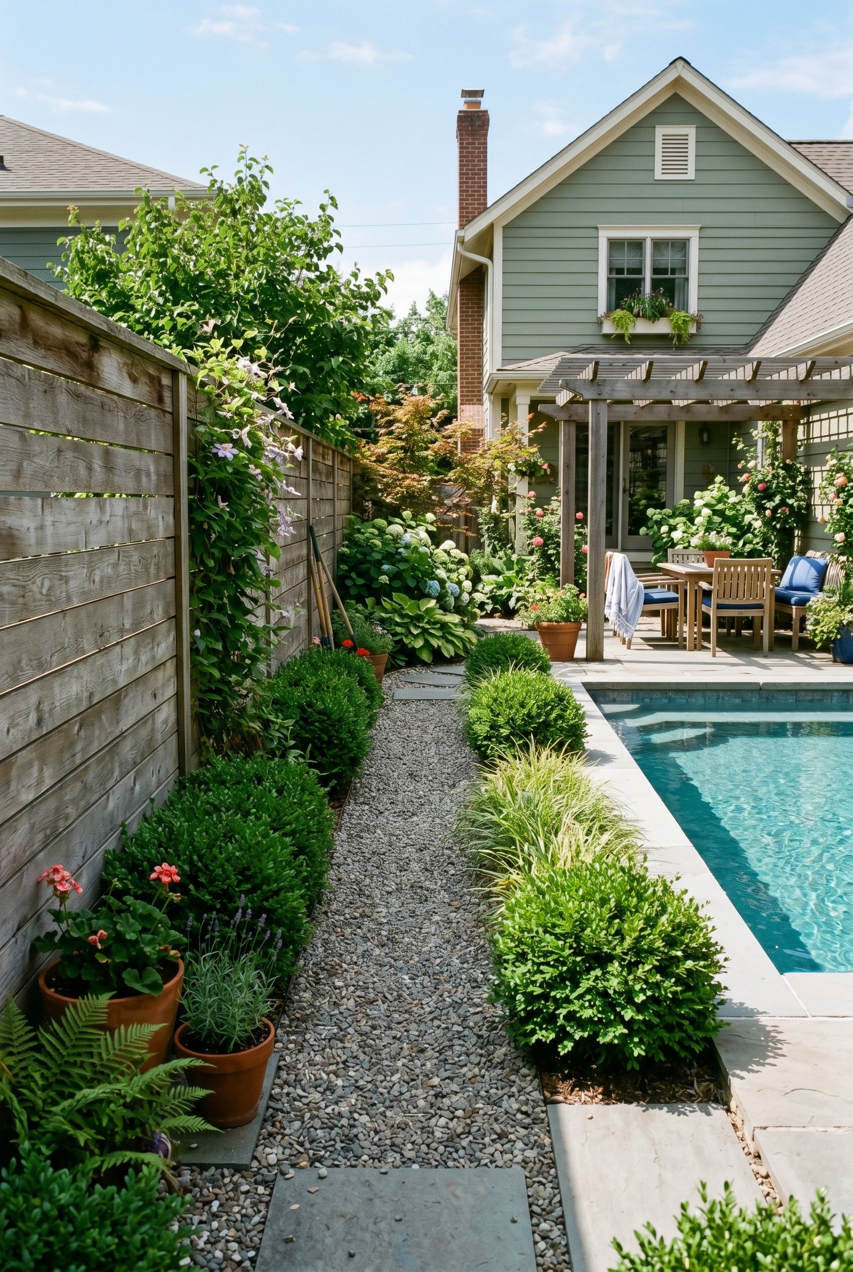 Photorealistic exterior photo. Narrow gravel walkway between a wood privacy fence and a small pool, planted with neat Japanese boxwood, bright midday lighting. Editorial photography style, no people v