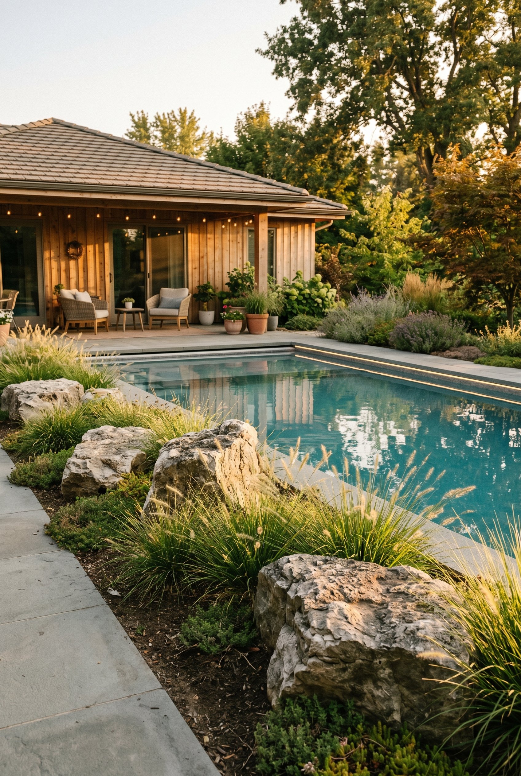 Photorealistic exterior photo. Natural, weathered limestone boulders partially buried in the dirt along the edge of a sleek pool, surrounded by low soft ornamental grasses. Golden hour lighting, eye-l