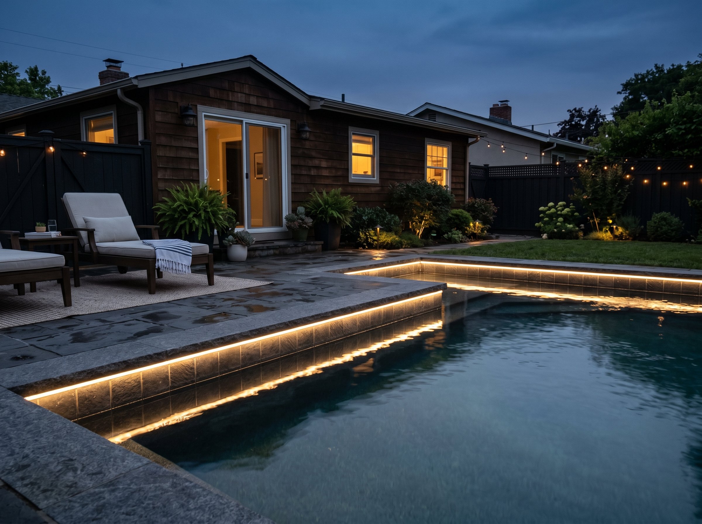 Photorealistic exterior photo. Nighttime shot of a modern swimming pool. Warm 2700K LED strip lighting glowing softly from directly under the stone pool coping, illuminating dark waterline tile. Edito