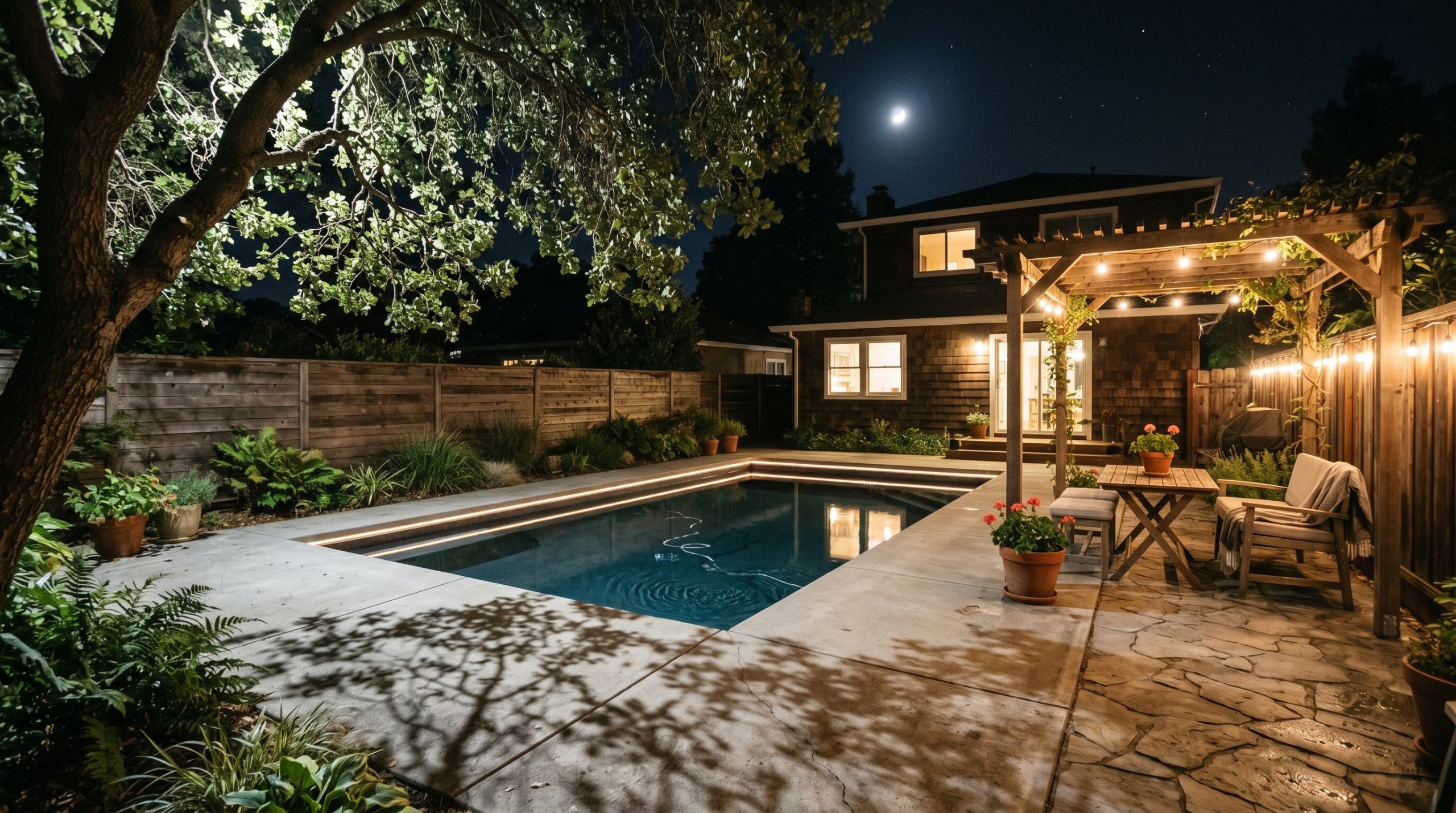 Photorealistic exterior photo. Nighttime shot of a pool deck with moonlighting. Soft downward light filtering through mature tree branches, casting delicate, intricate branch shadows across the smooth