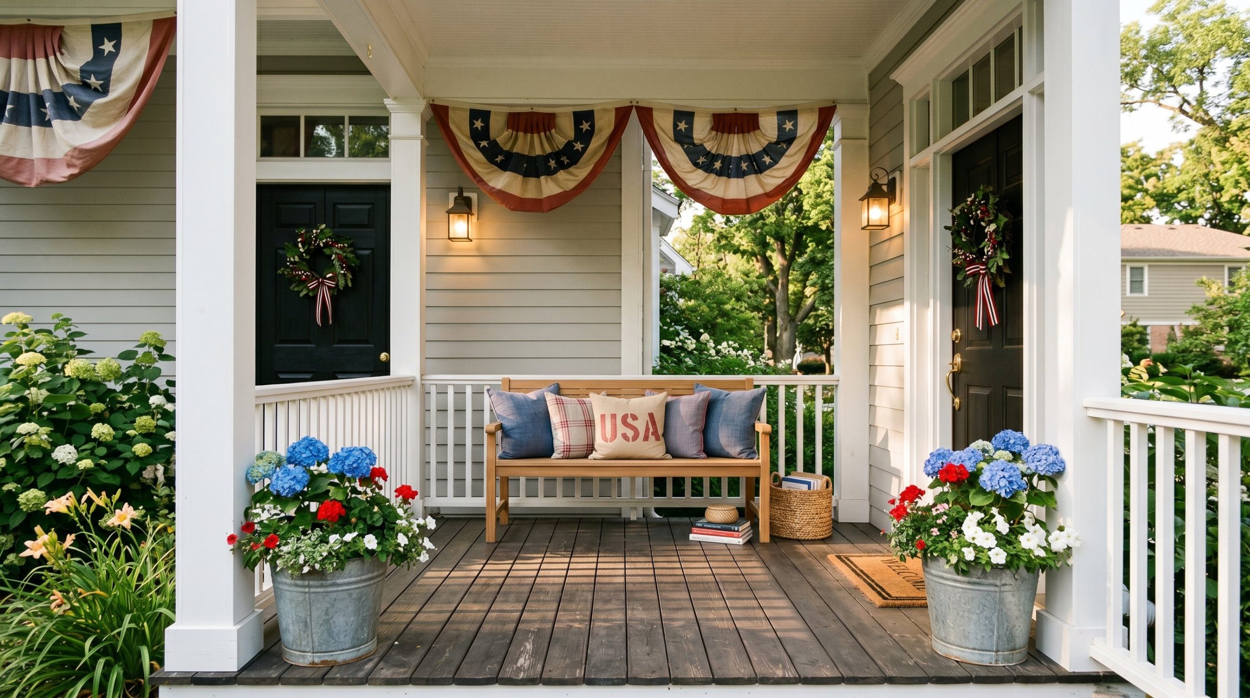 Photorealistic exterior photo of a gorgeous, inviting front porch decorated for the 4th of July. Thick, high-quality canvas bunting hangs neatly from the white wooden eaves. Below, a modern teak bench
