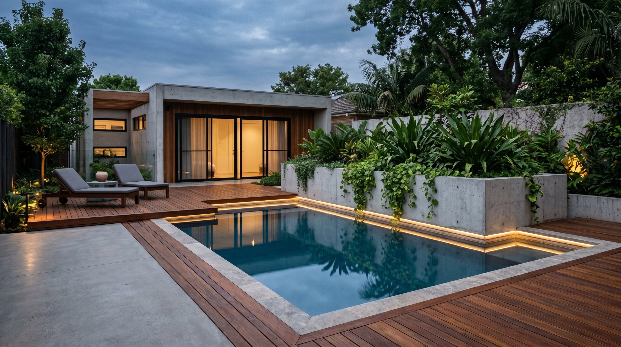 Photorealistic exterior photo of a high-end modern pool area. Seamless integration of smooth concrete, rich Ipe wood decking, and a raised geometric concrete planter filled with trailing vines and lus