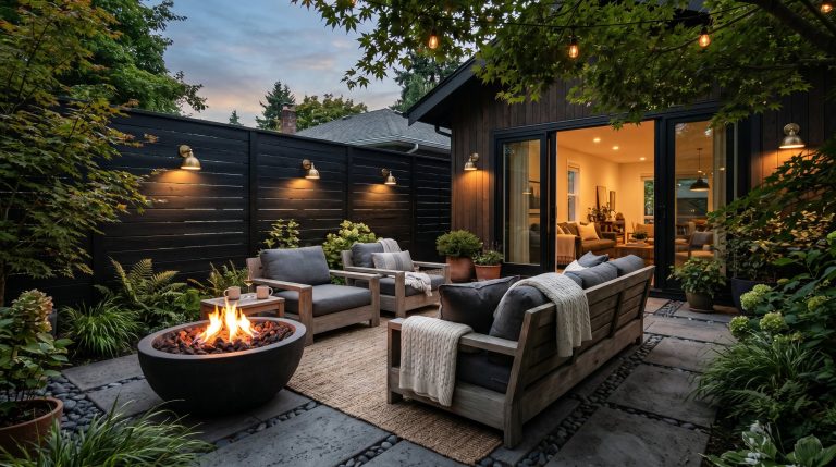 Photorealistic exterior photo of a highly curated modern outdoor patio. Deep black painted fencing, layered warm lighting from brass wall sconces, heavy teak furniture, and an oversized concrete fire