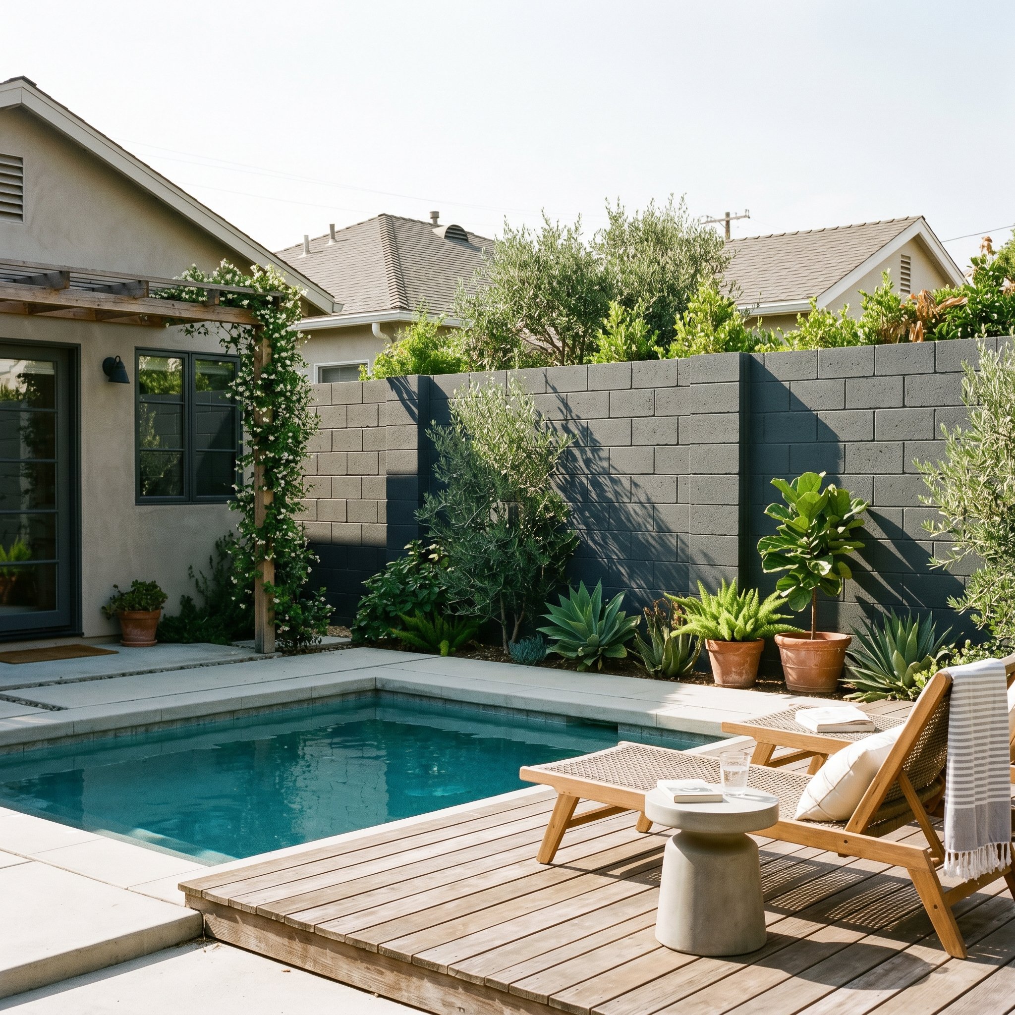 Photorealistic exterior photo. Poolside privacy wall made from stacked concrete cinder blocks painted charcoal grey, modern minimalist aesthetic, sharp shadows. Editorial photography style, no people