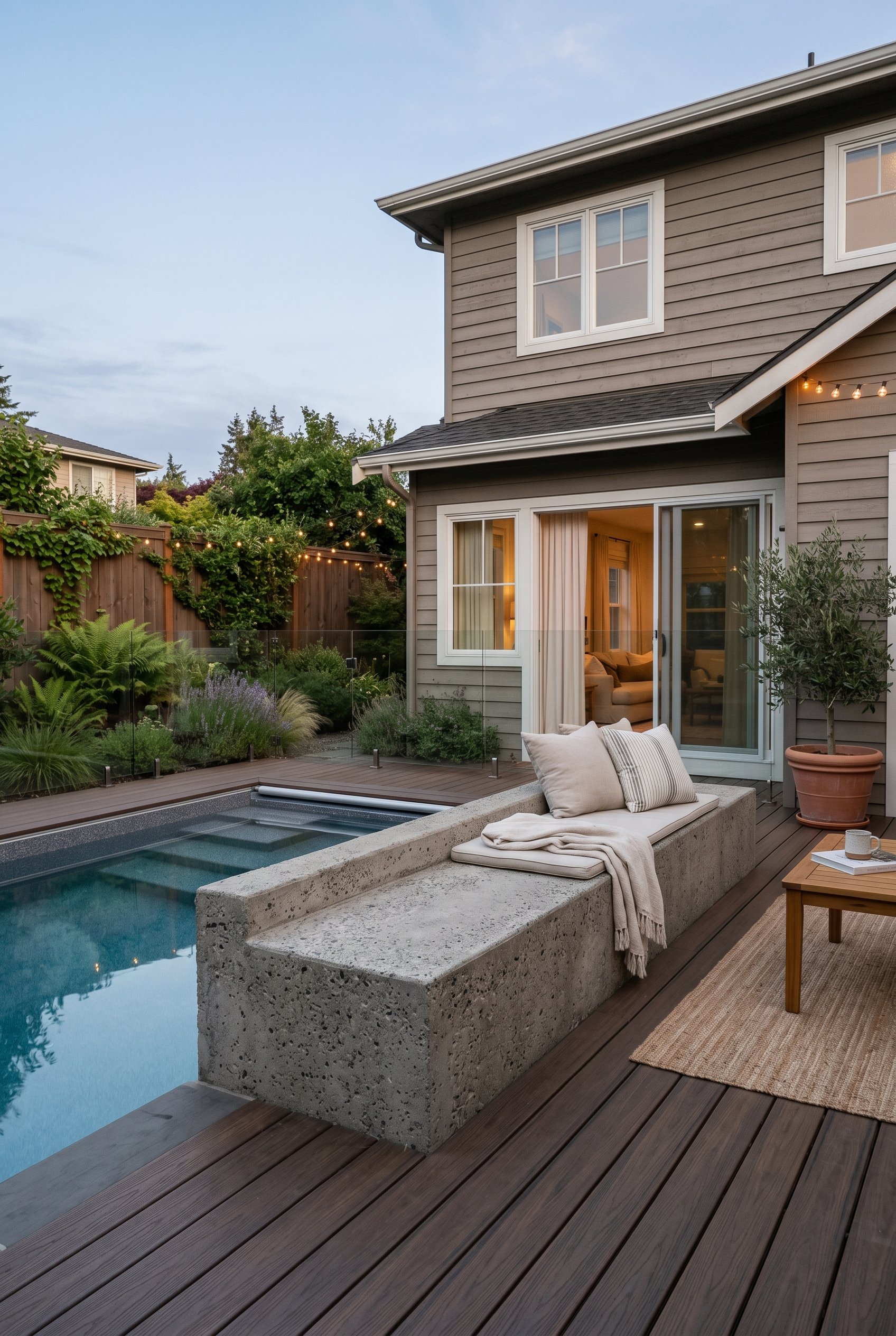 Photorealistic exterior photo. Raised concrete pool wall acting as a bench on a patio deck, neutral tones, soft ambient lighting. Editorial photography style, no people visible.