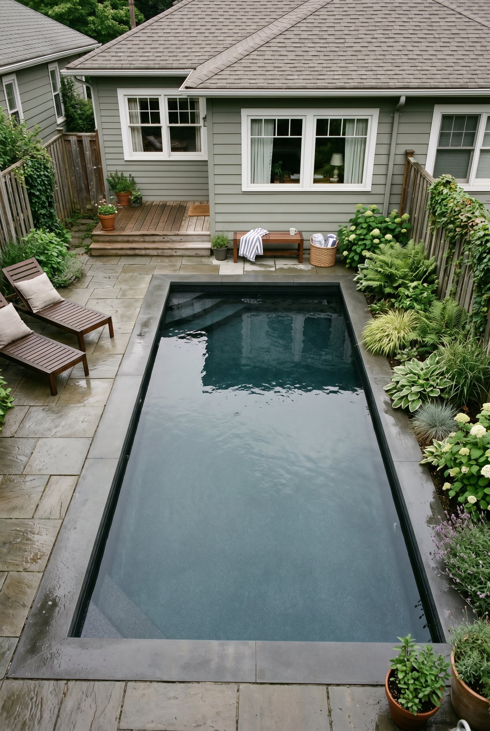 Photorealistic exterior photo. Rectangular inground pool with a dark grey vinyl liner, moody dark water, minimal concrete coping, soft overcast lighting, high angle downward shot. Editorial photograph