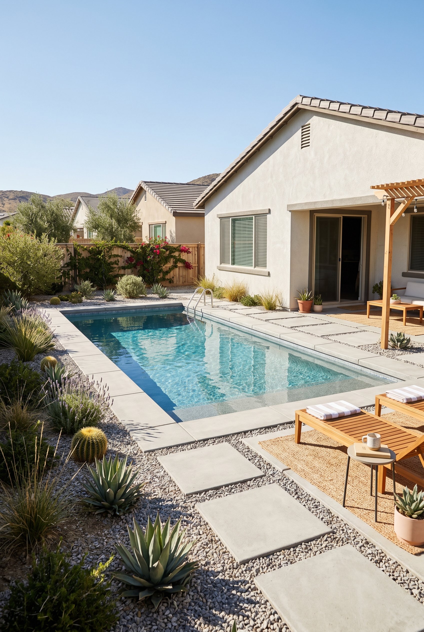 Photorealistic exterior photo. Rectangular pool surrounded by light grey pea gravel and large square concrete pavers, modern desert landscaping, bright overhead sunlight. Editorial photography style,