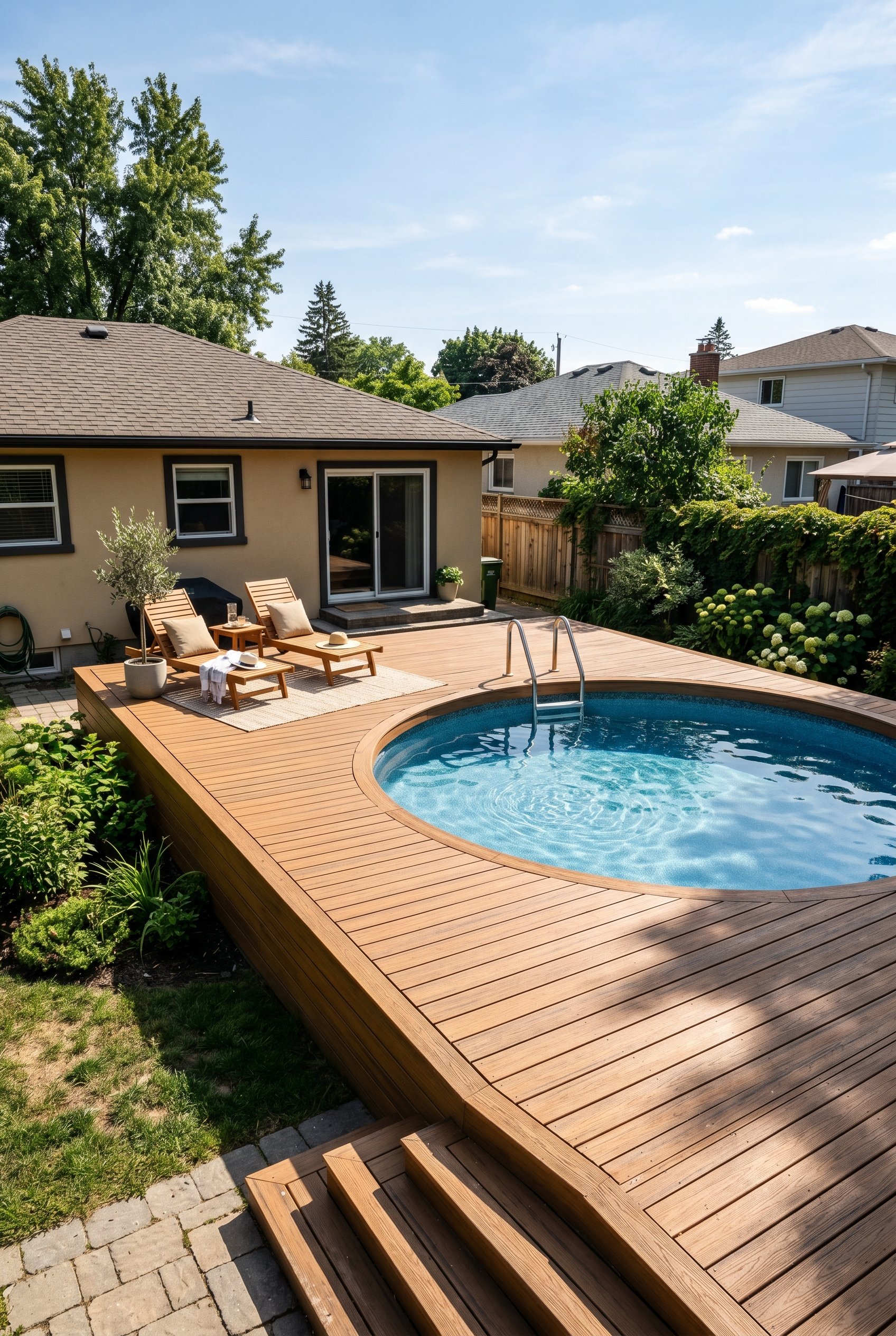Photorealistic exterior photo. Round above-ground pool completely wrapped in modern horizontal wood composite decking, warm teak tones, harsh midday sunlight, wide angle shot. Editorial photography st