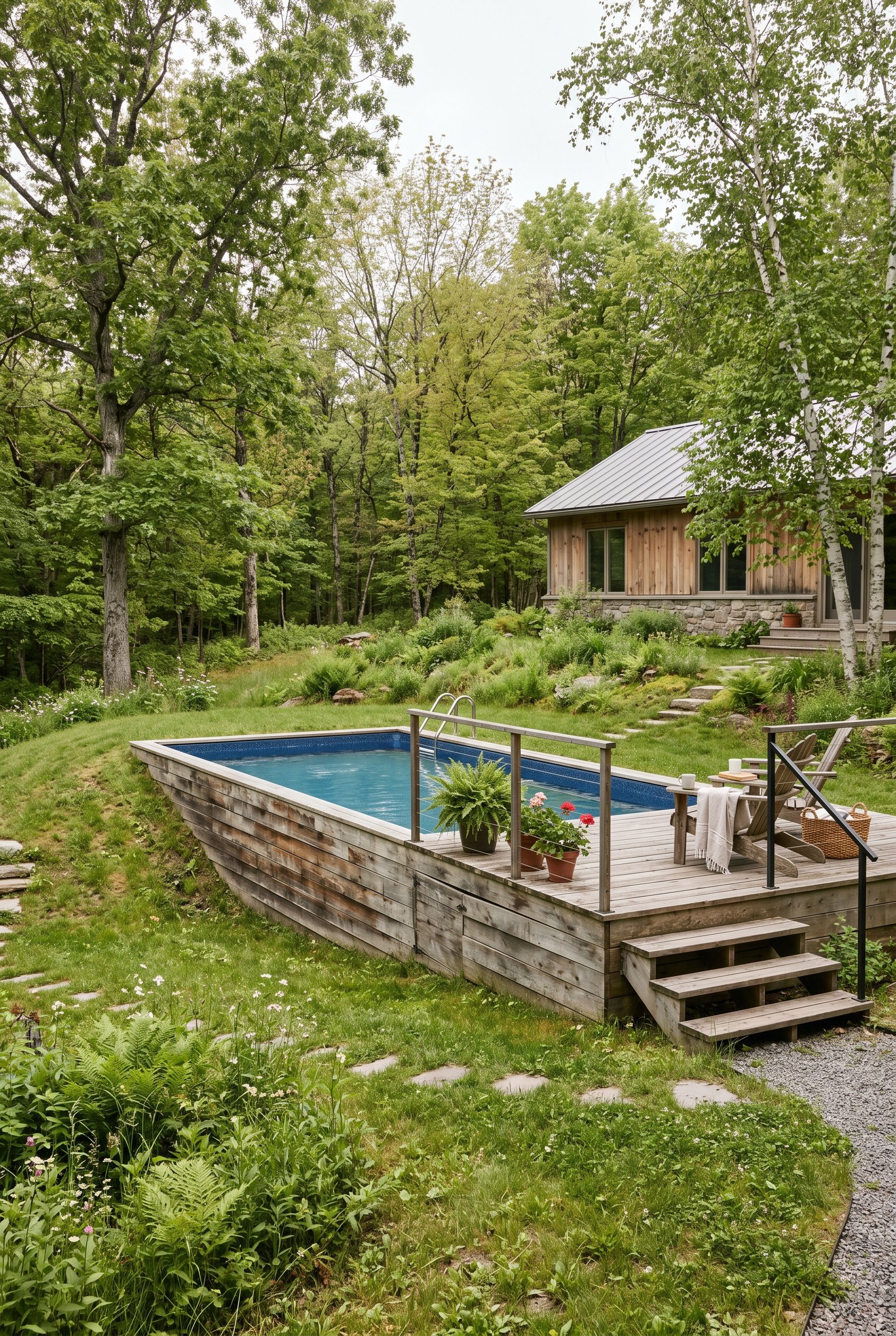 Photorealistic exterior photo. Semi-inground pool partially buried in a gentle grassy slope, wood siding on the exposed half, natural rustic setting, soft overcast light. Editorial photography style,
