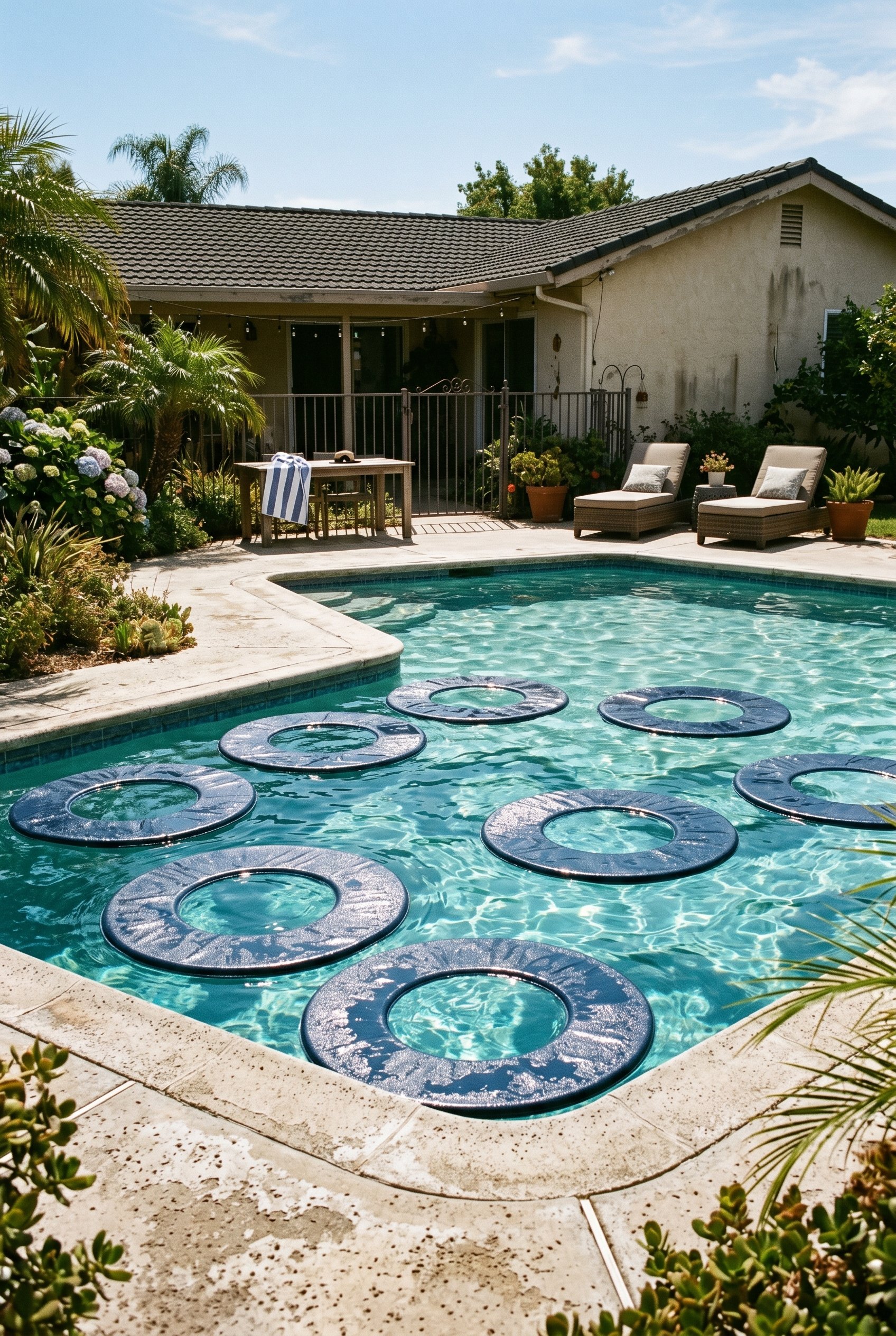 Photorealistic exterior photo. Several dark blue solar rings floating on the surface of a backyard pool, rippling water, harsh bright sunlight reflecting off the rings. Editorial photography style, no