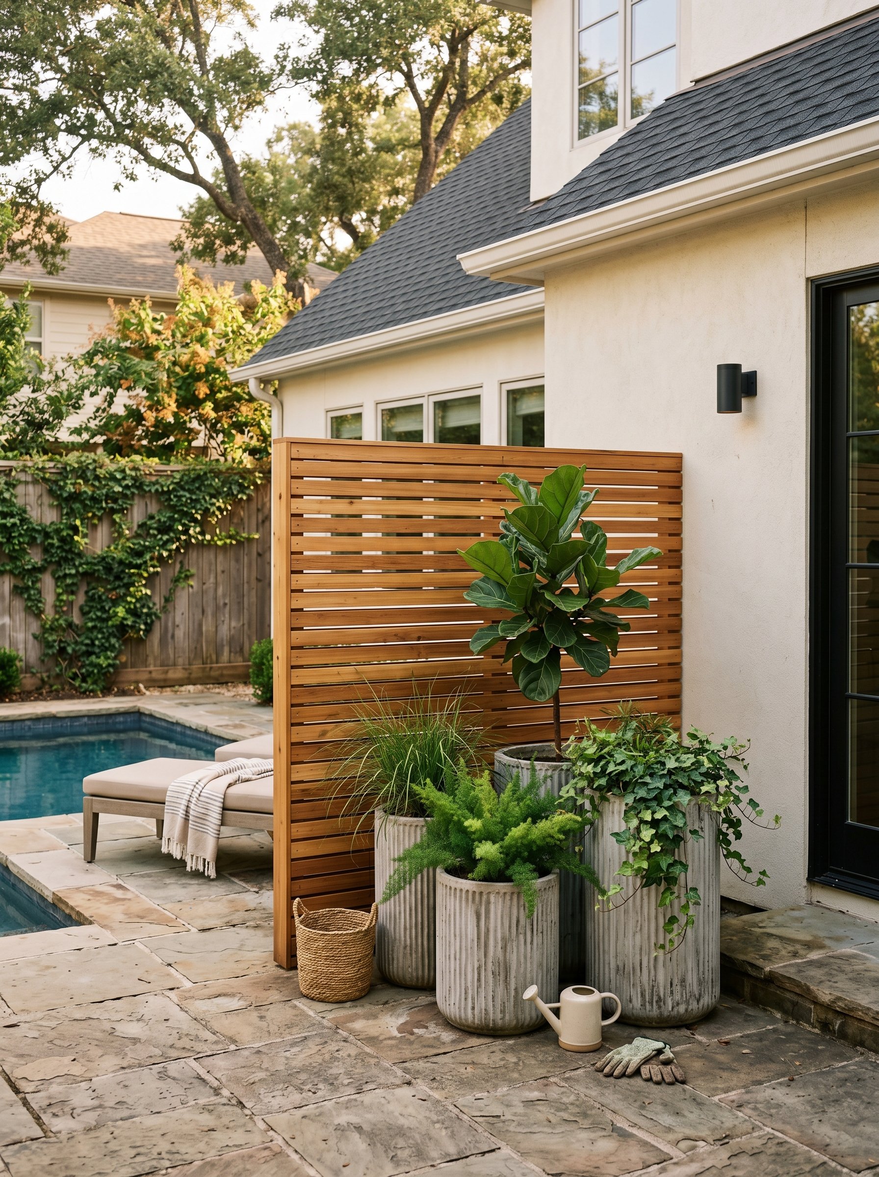 Photorealistic exterior photo. Sleek slatted wood privacy screen hiding pool equipment, tall fluted concrete planters in front, soft afternoon lighting. Editorial photography style, no people visible.