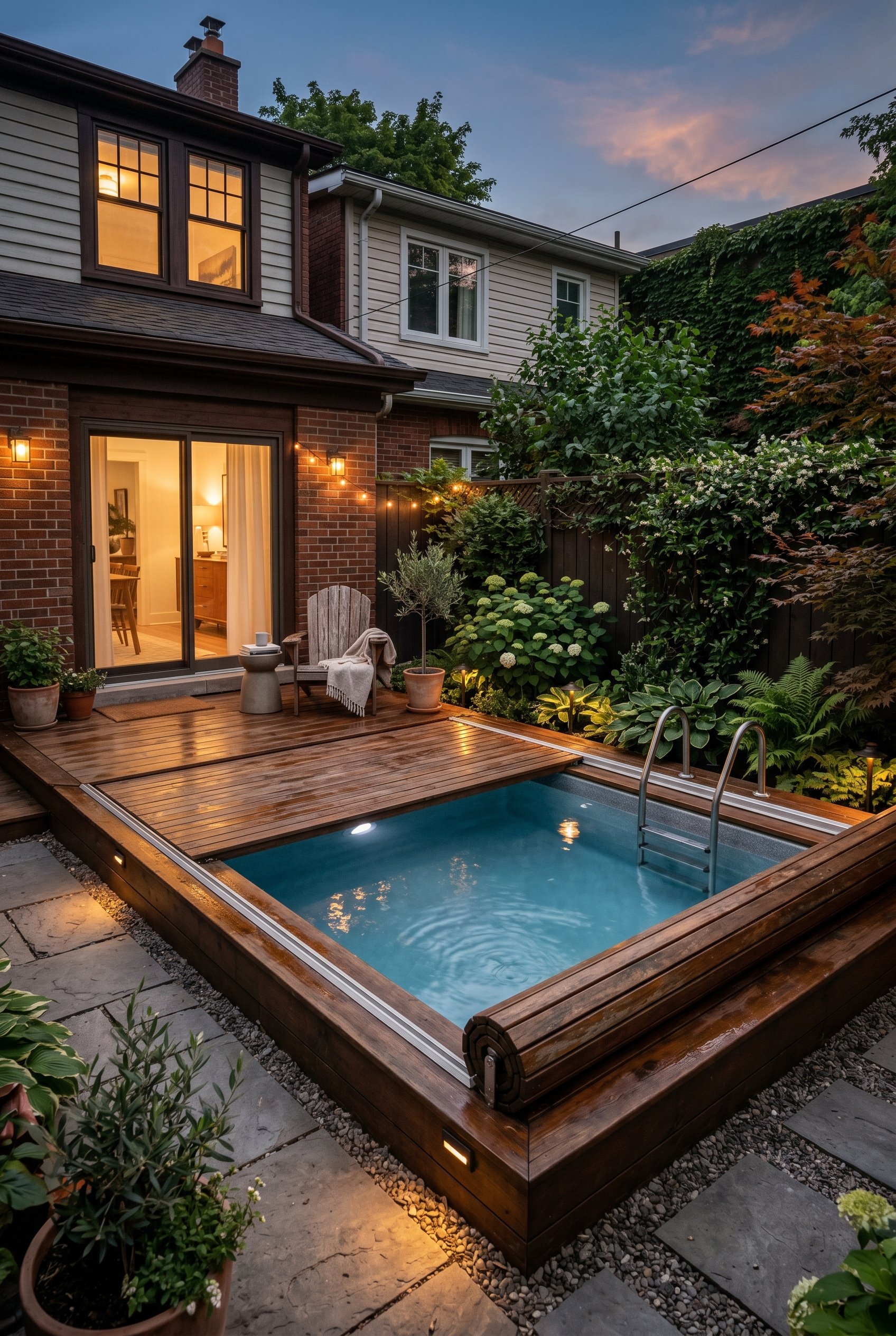 Photorealistic exterior photo. Sliding Ipe wood deck cover partially rolled open over a small backyard plunge pool, twilight lighting. Editorial photography style, no people visible.