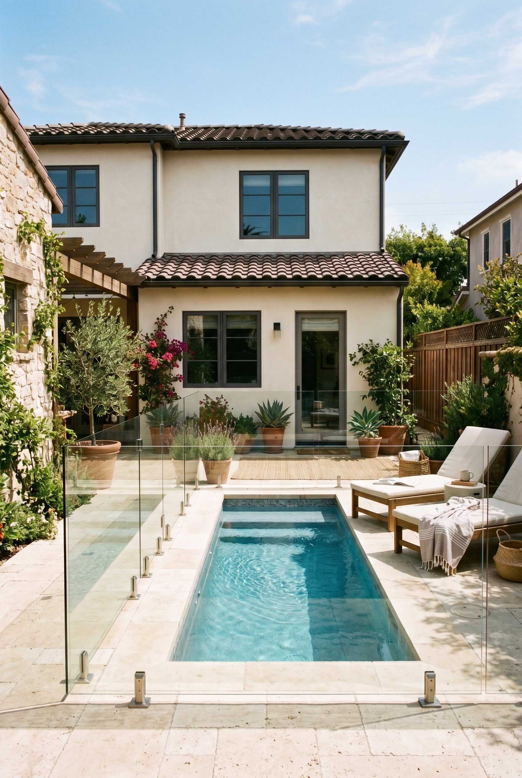 Photorealistic exterior photo. Small courtyard pool surrounded by frameless glass fencing with stainless steel spigots, limestone deck, sunny clear lighting. Editorial photography style, no people vis