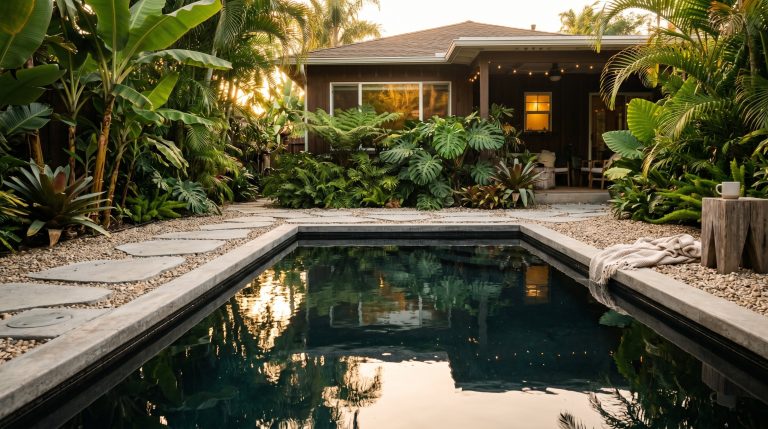 Photorealistic exterior photo. Small modern plunge pool with dark water, surrounded by minimalist pea gravel and oversized concrete pavers. Lush green tropical plants in the background, warm golden ho