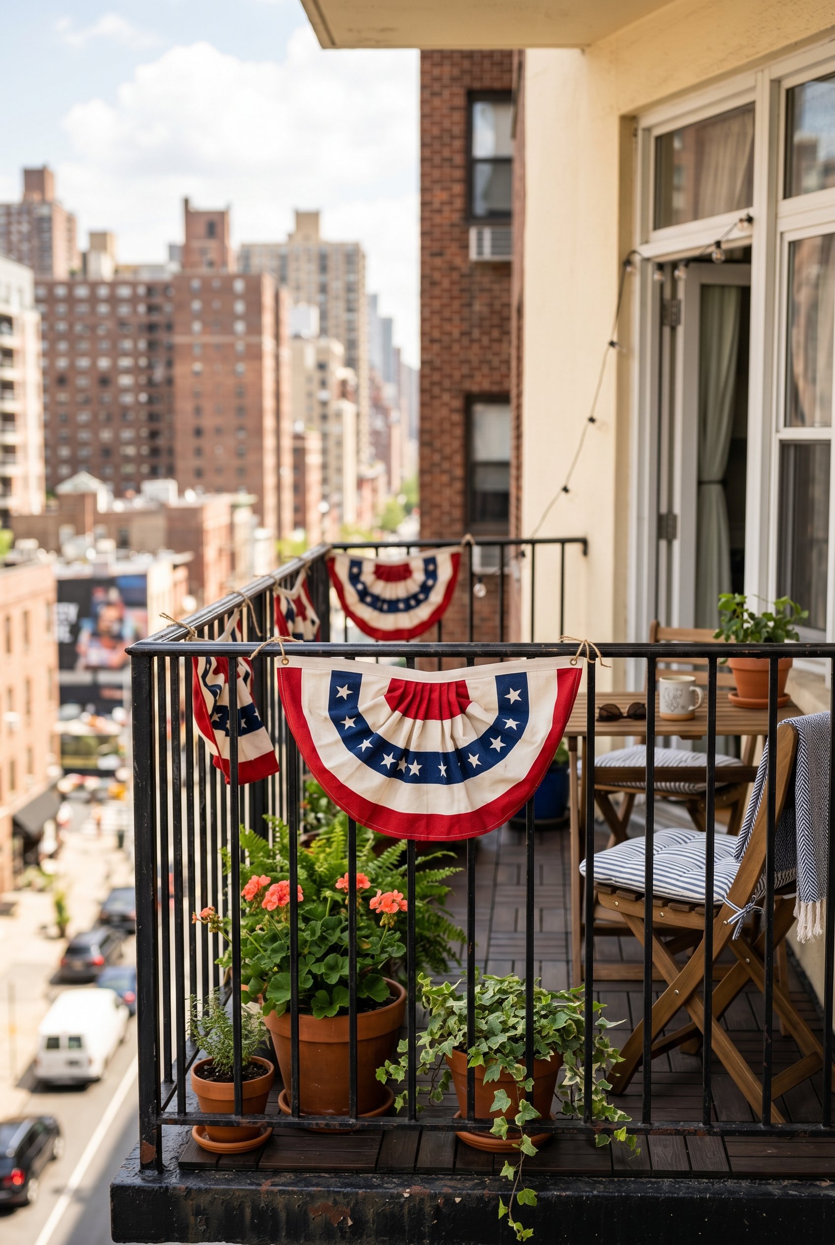 Photorealistic exterior photo. Small pleated canvas patriotic buntings secured to a black metal apartment balcony railing. High-rise city background out of focus. Editorial photography style, bright s