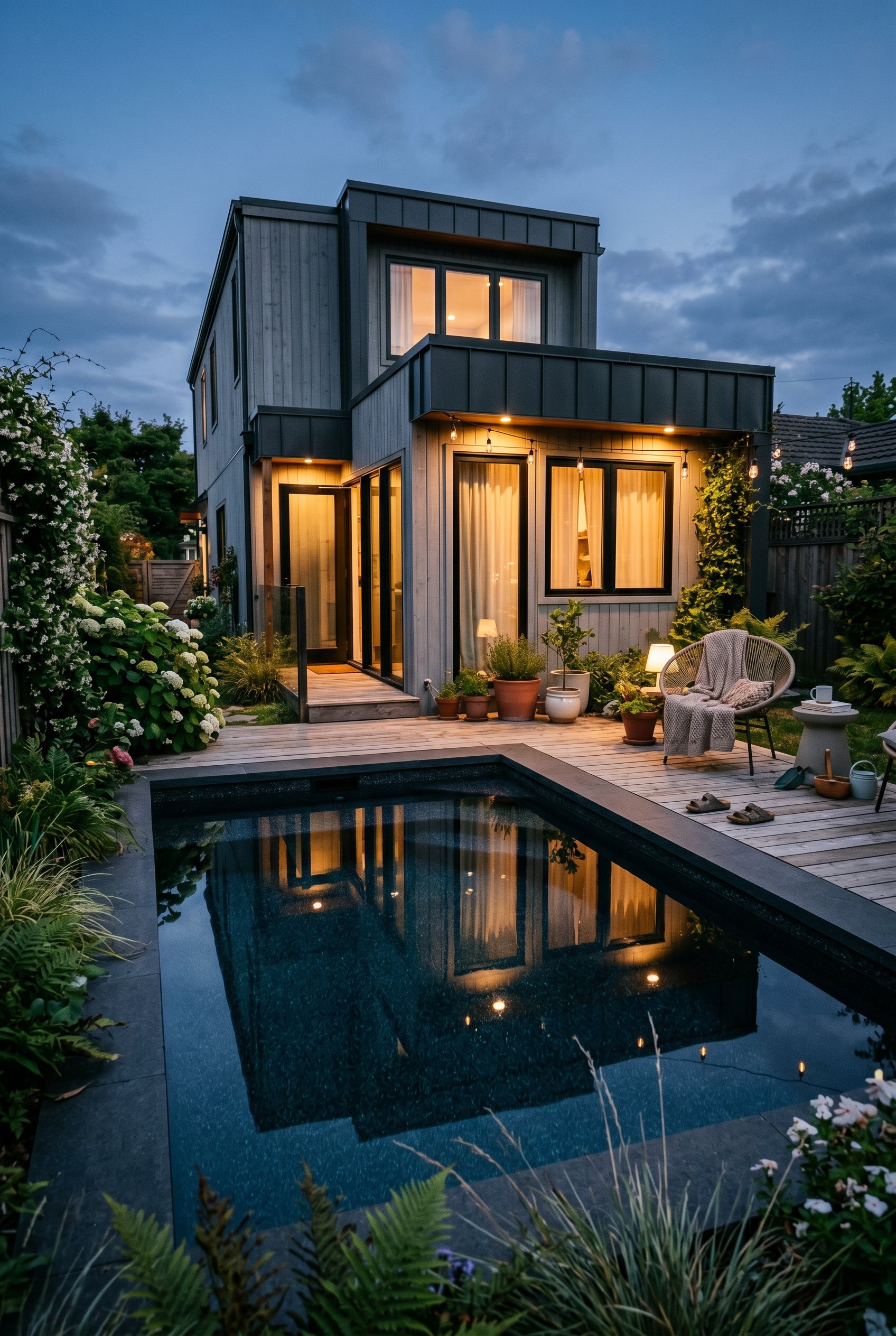 Photorealistic exterior photo. Small plunge pool with black pebble finish reflecting a modern house exterior, moody twilight lighting. Editorial photography style, no people visible.