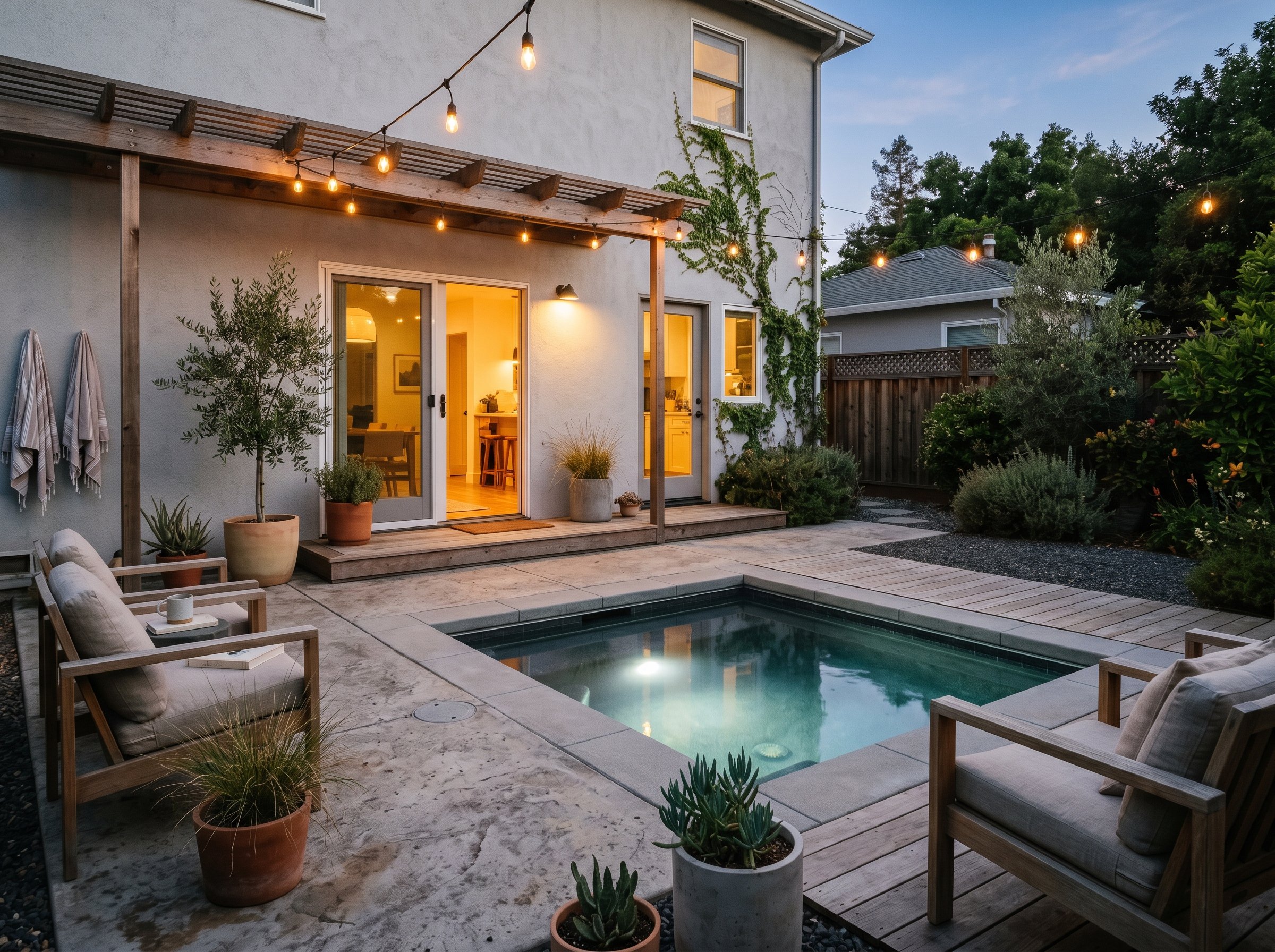 Photorealistic exterior photo. Small square backyard pool with dark plaster, modern concrete patio, twilight lighting. Editorial photography style, no people visible.
