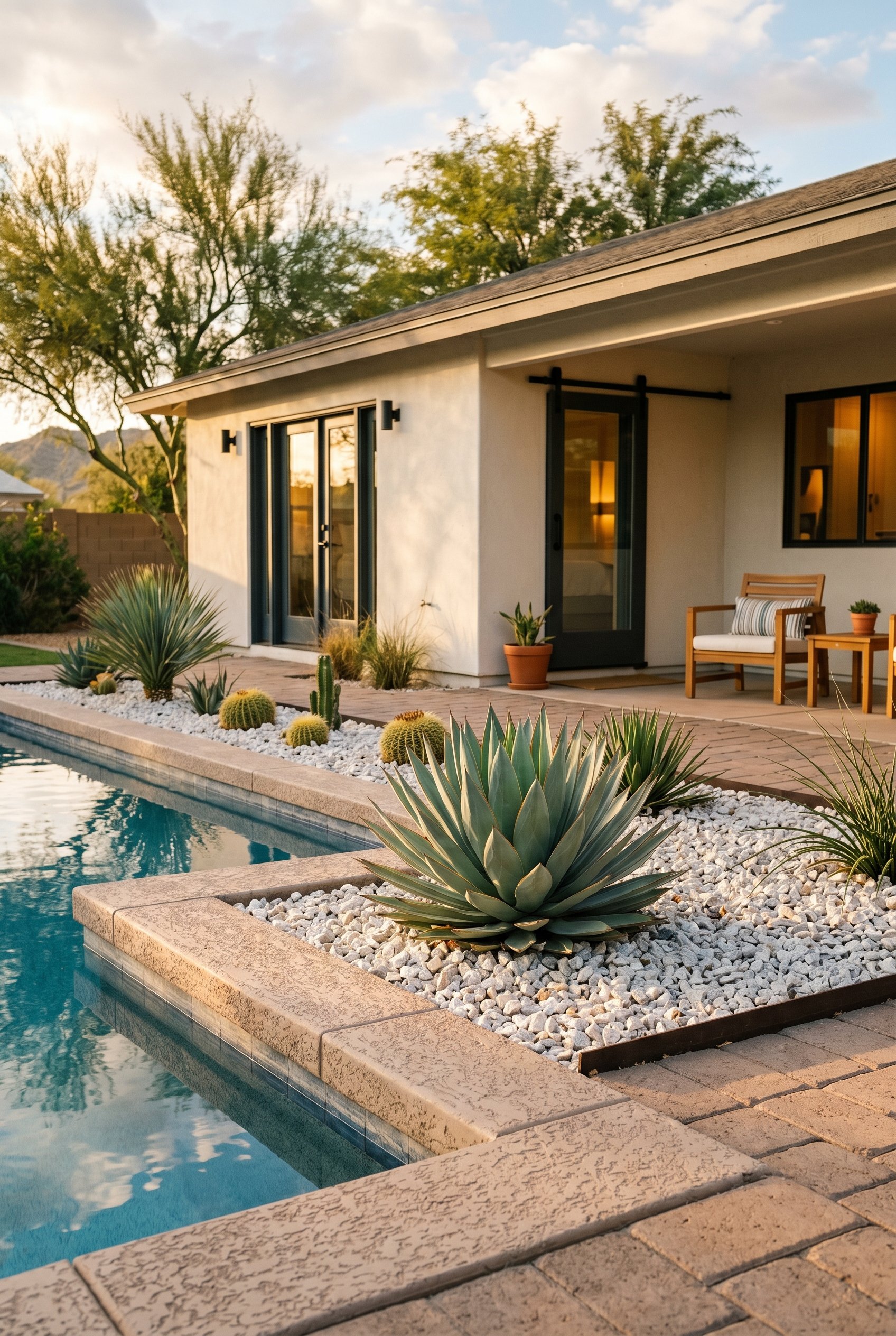 Photorealistic exterior photo. Smooth architectural blue glow agave planted in white gravel near a pool deck edge. Clean, minimal, desert modern aesthetic. Late afternoon warm lighting, low angle shot