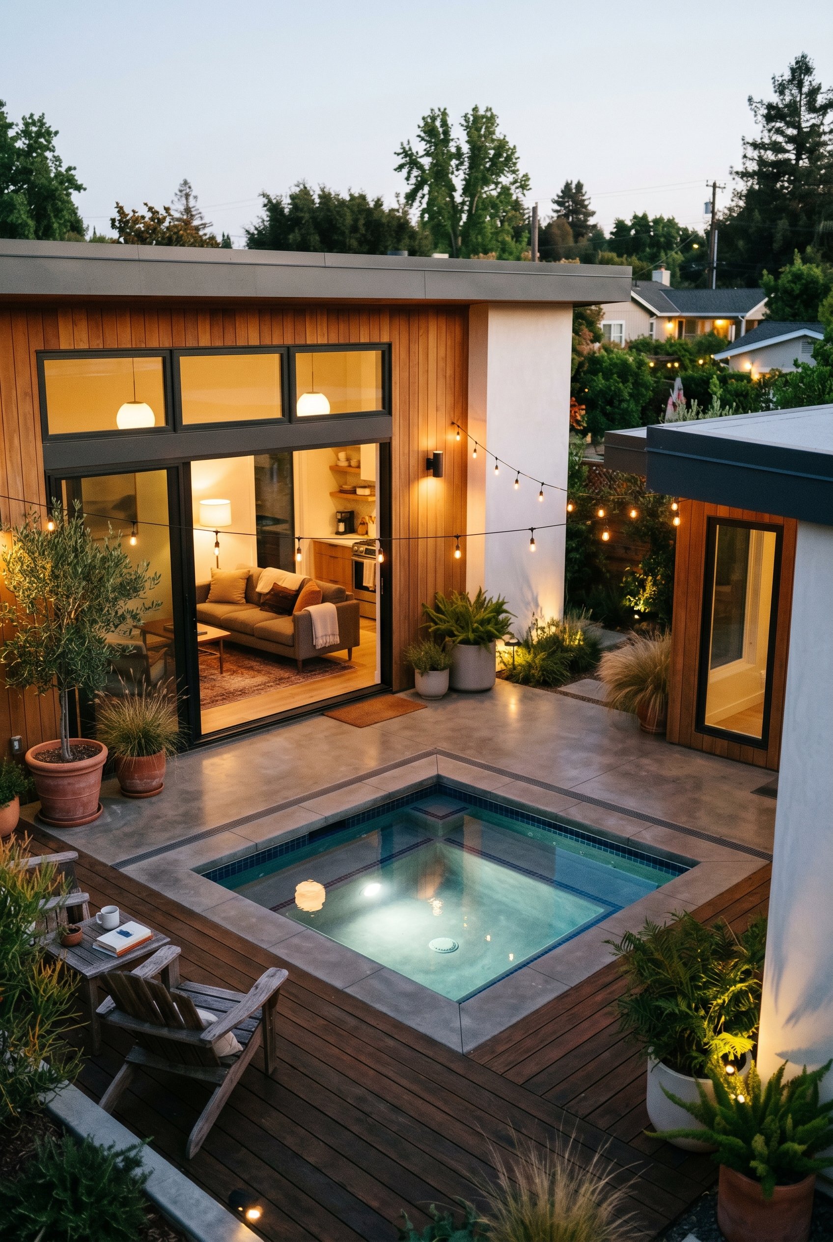 Photorealistic exterior photo. Square plunge pool sitting inside a U-shaped modern house courtyard, large glass sliding doors, evening ambient lighting. Editorial photography style, no people visible.