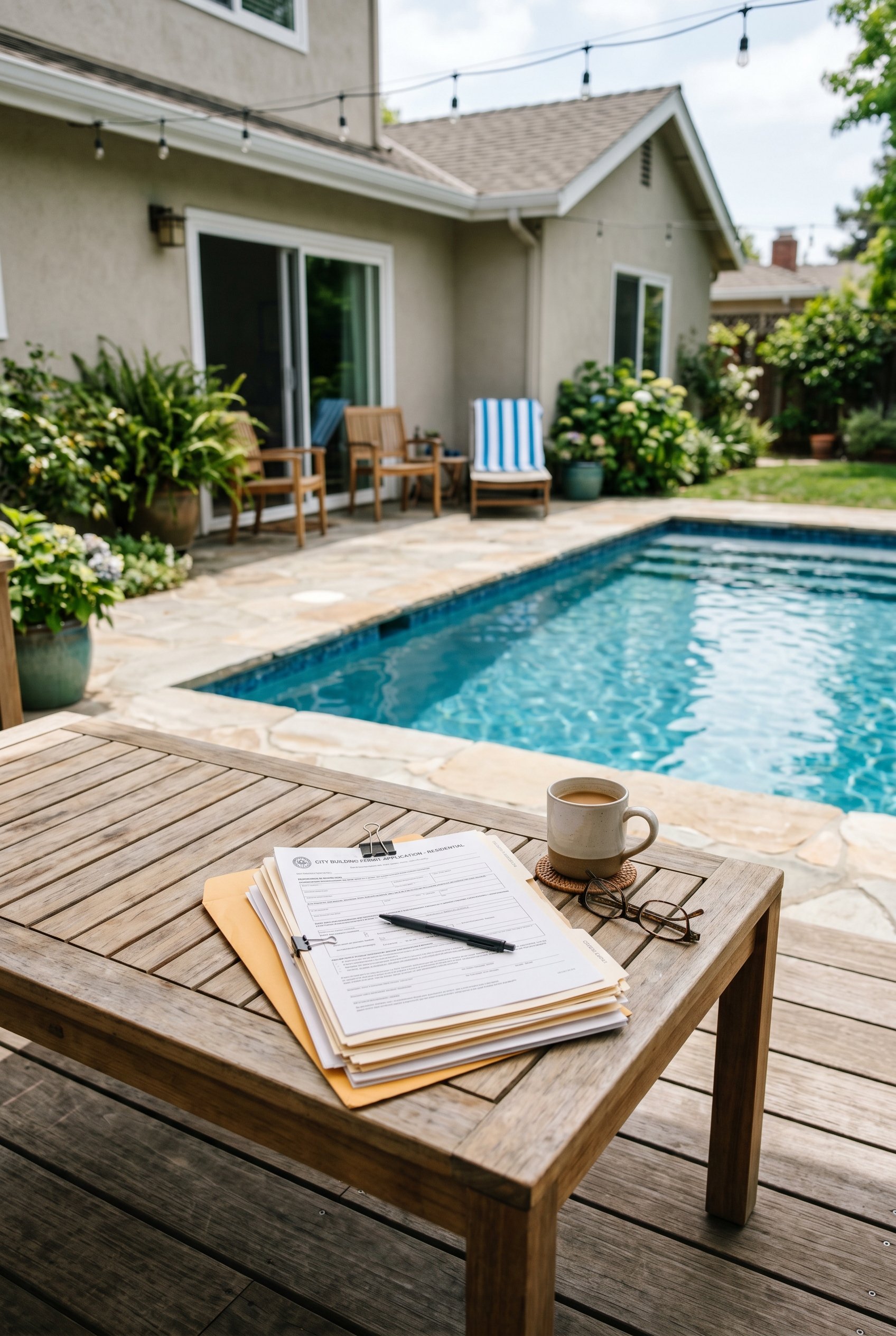 Photorealistic exterior photo. Stack of municipal permitting papers resting on a sleek wooden outdoor table next to a sparkling blue pool, soft depth of field, bright daylight. Editorial photography s