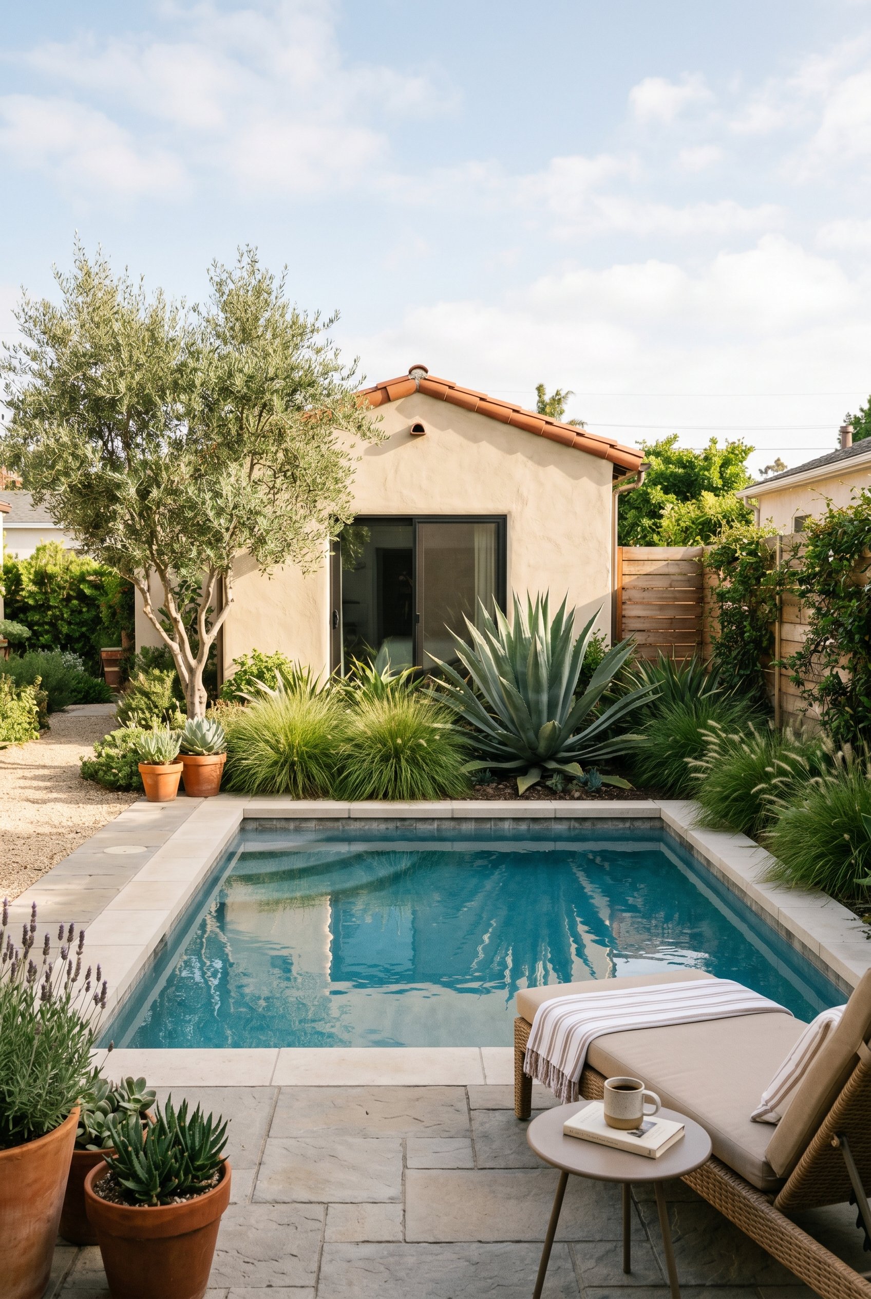 Photorealistic exterior photo. Structural agave and ornamental grass planted cleanly next to a small backyard pool, zero leaf debris, crisp morning lighting. Editorial photography style, no people vis