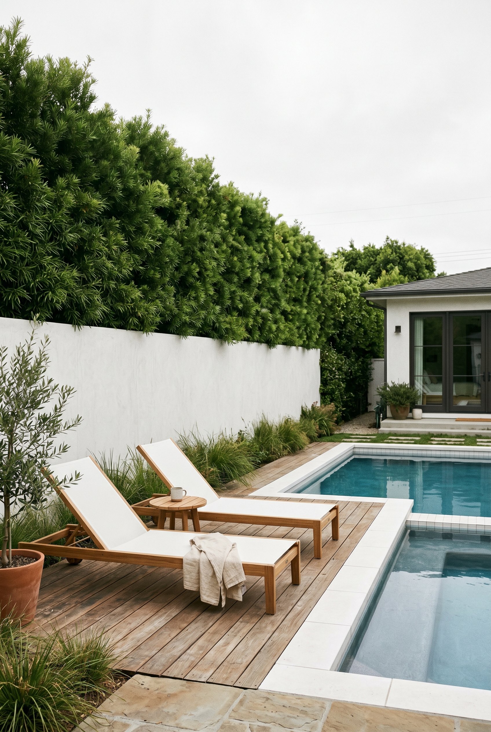 Photorealistic exterior photo. Tall, dense podocarpus privacy hedges planted tightly along a modern white stucco fence behind a pool deck. Sleek minimal sun loungers in the foreground. Soft diffused o