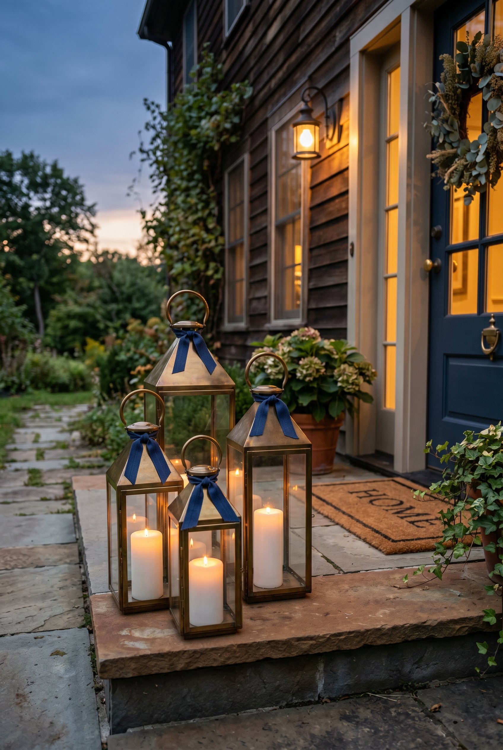 Photorealistic exterior photo. Three oversized brass floor lanterns of varying heights clustered on a porch step. Inside are chunky white pillar candles. A simple navy grosgrain ribbon is tied in a kn