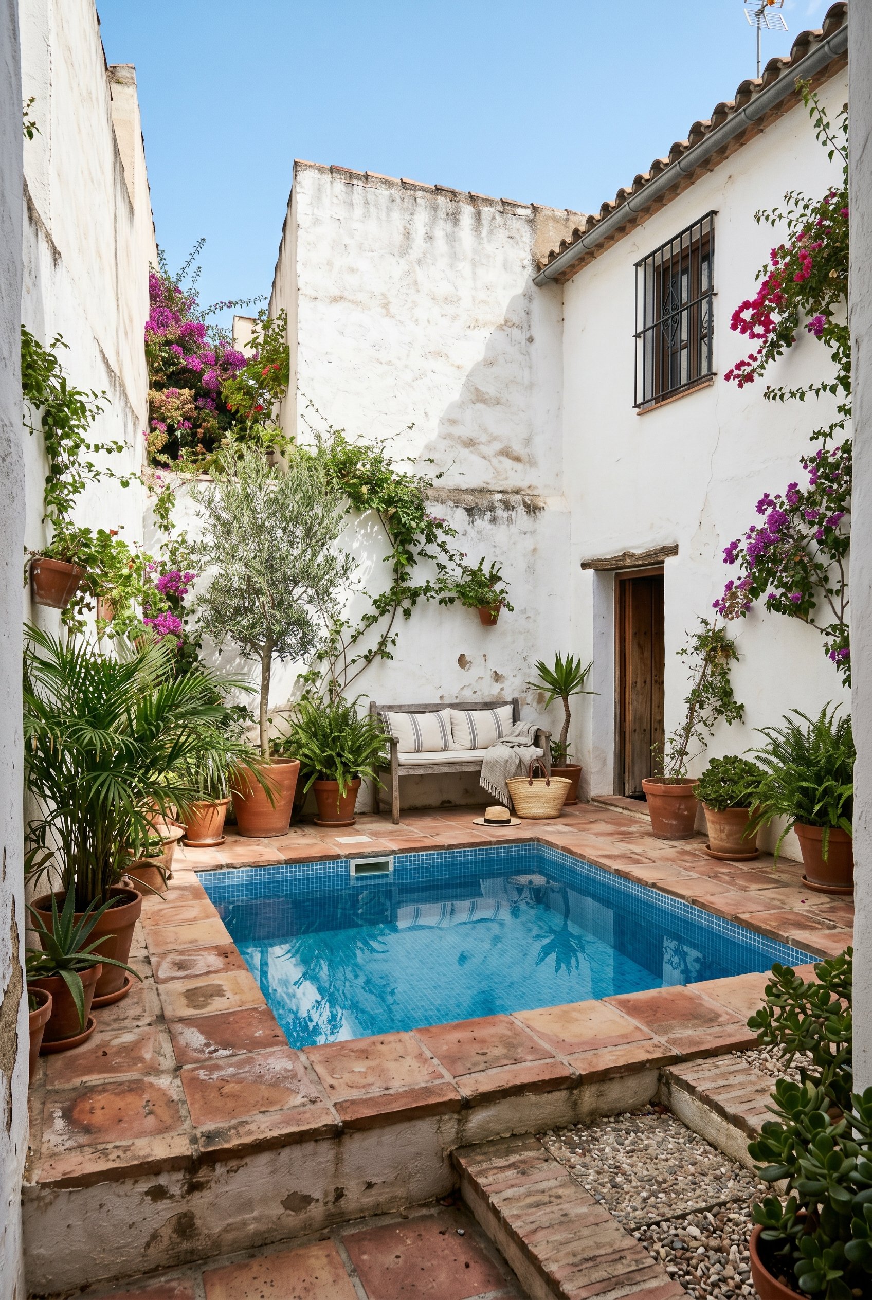 Photorealistic exterior photo. Tiny square plunge pool in a small urban backyard, white stucco walls, terracotta tile surround, bright natural daylight, eye-level angle. Editorial photography style, n