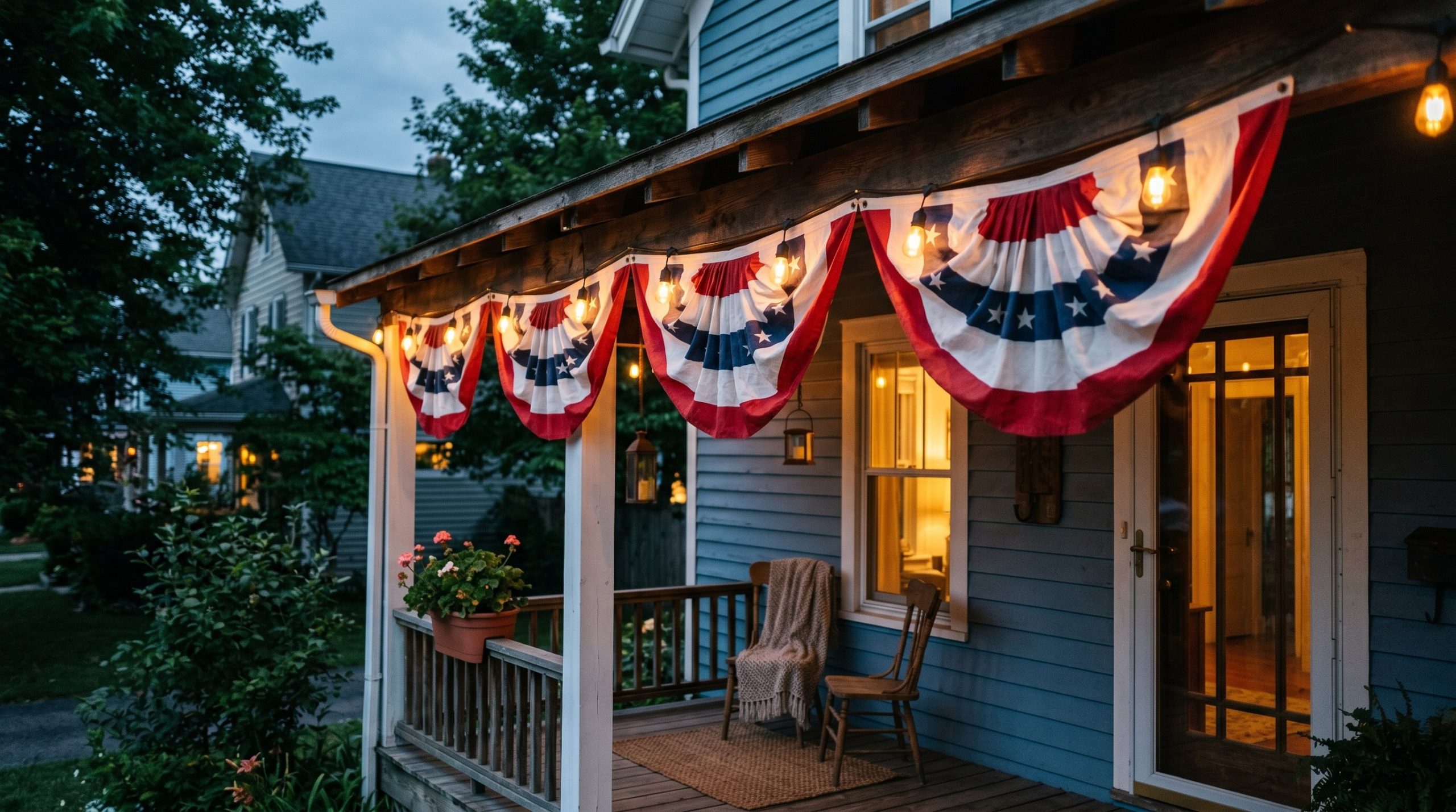 Photorealistic exterior photo. Warm amber Edison string lights glowing softly at twilight, strung directly behind classic American cotton bunting on a porch eave. Evening lighting, moody and warm. Edi