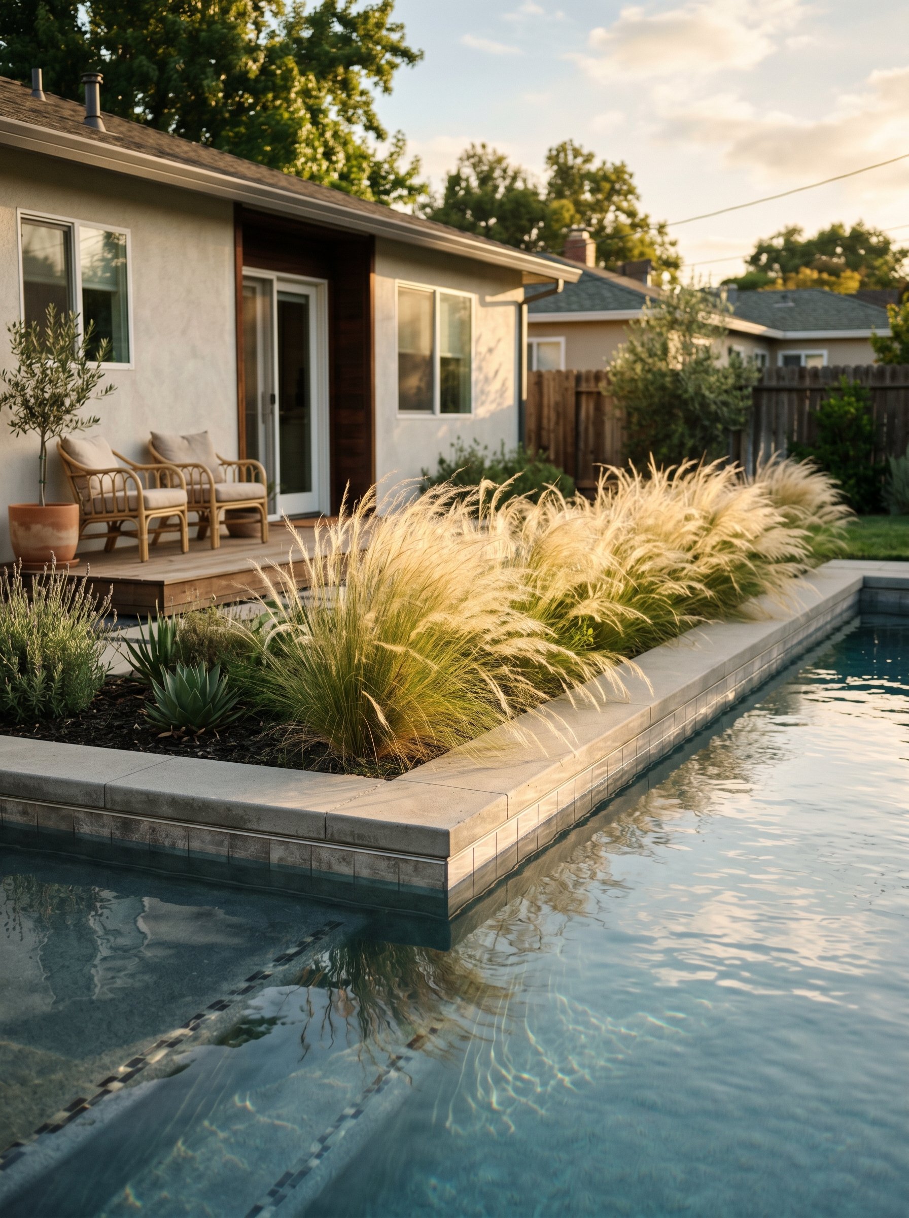 Photorealistic exterior photo. Wispy, delicate Mexican feather grass swaying softly next to the sharp, 90-degree corner of a modern swimming pool. Warm golden hour sunlight highlighting the grass text