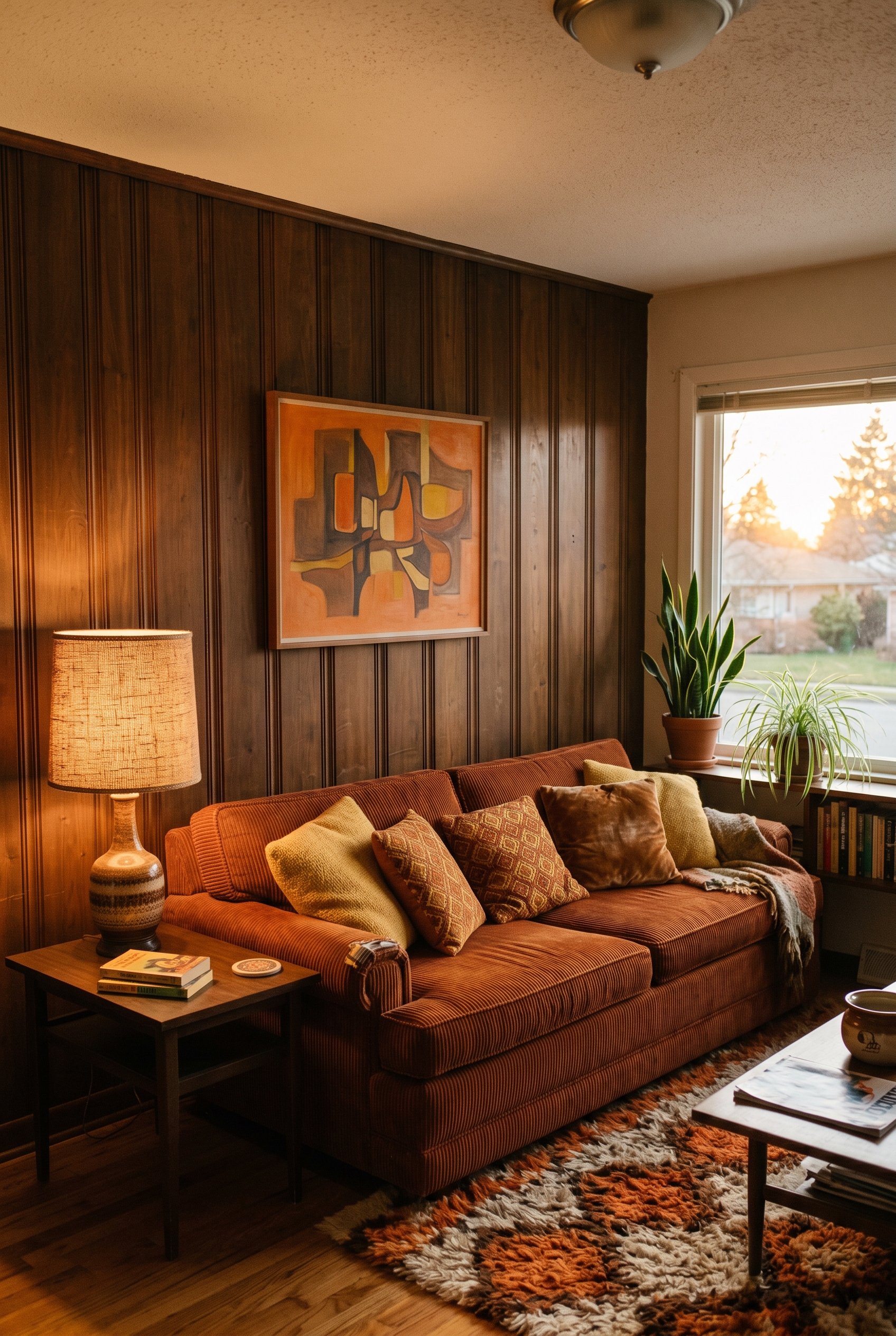 Photorealistic interior photo. 1970s living room corner, wide-wale corduroy sofa, rust and mustard pillows, dark walnut paneled walls, warm sunset lighting, eye-level camera angle. Editorial photograp