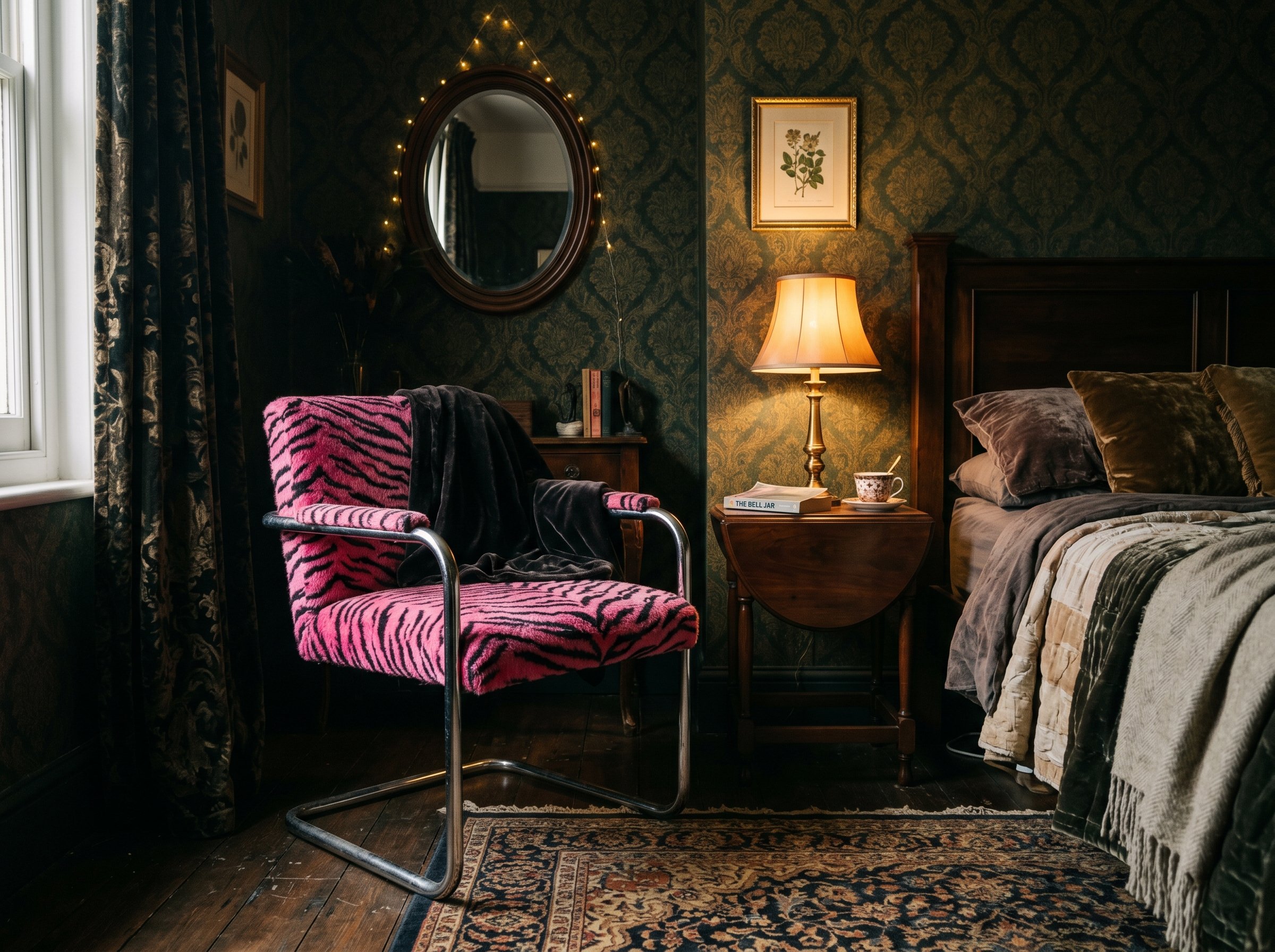Photorealistic interior photo. A 1970s chrome cantilever chair upholstered in hot pink tiger print, sitting in the corner of a dark, Victorian-styled bedroom. Editorial photography style, no people vi