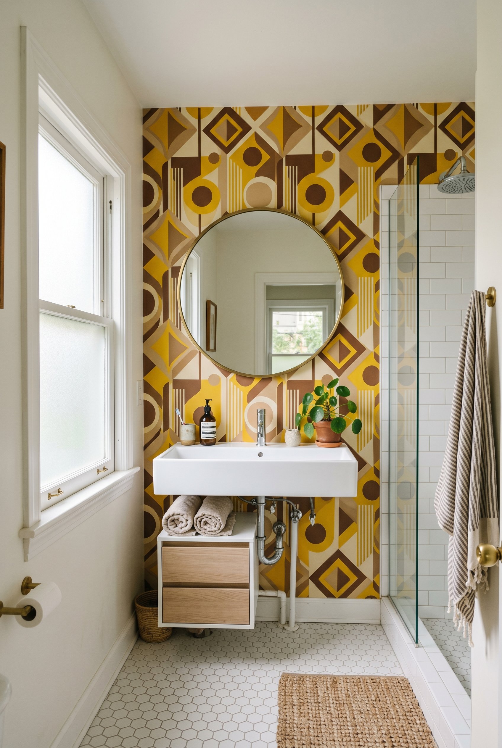 Photorealistic interior photo. A bathroom with one accent wall featuring bold geometric 1970s peel-and-stick wallpaper in mustard and brown, modern white sink, bright daylight, wide camera angle. Edit