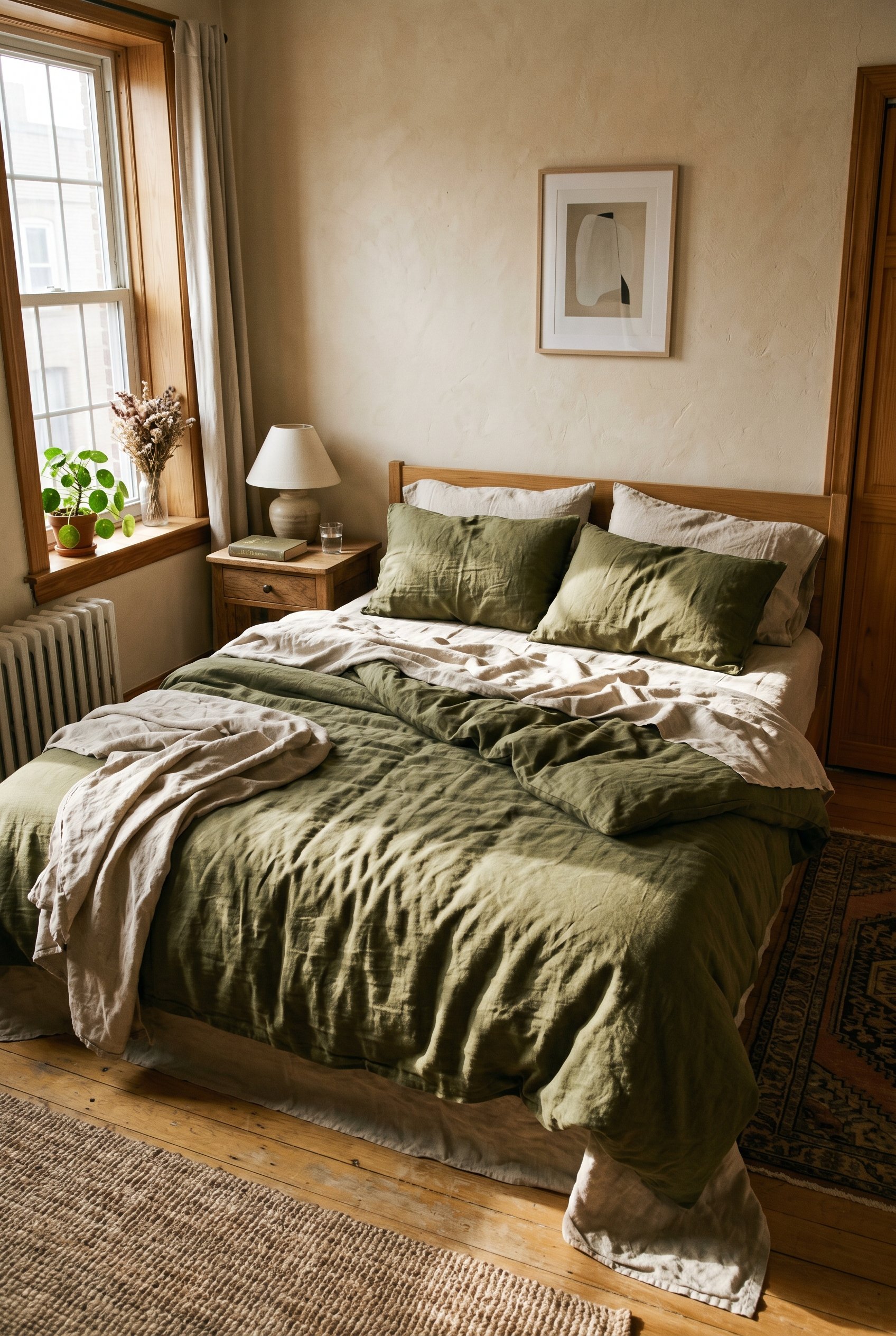 Photorealistic interior photo. A bed draped in heavy, rumpled olive green and flax-colored pure linen bedding. Sunlight casting shadows across the wrinkled fabric. Earthy and relaxed aesthetic. Editor
