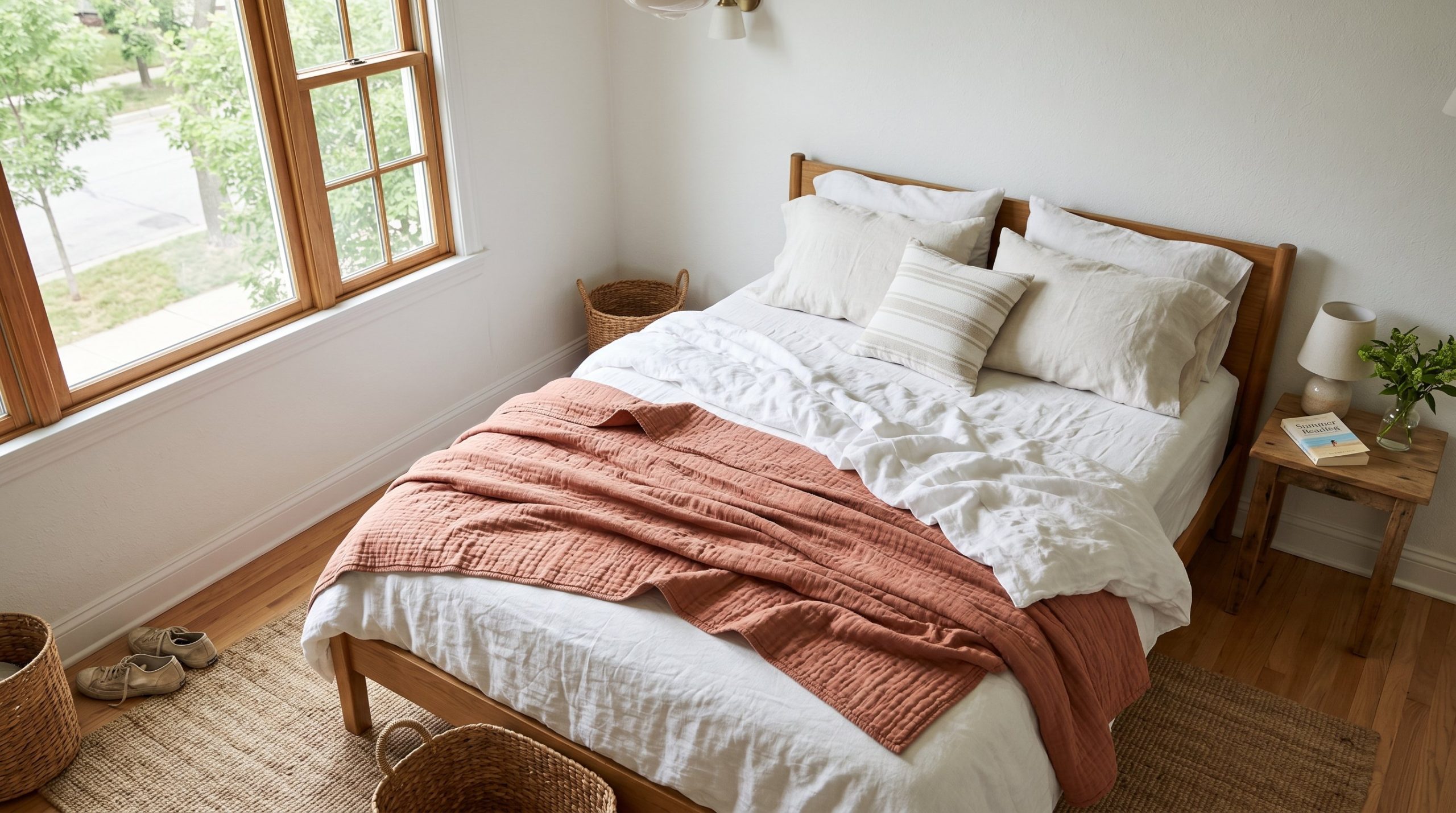 Photorealistic interior photo. A bed styled for summer with rumpled lightweight white linen sheets and a thin muted terracotta cotton quilt, bright airy daylight, top down angled view. Editorial photo