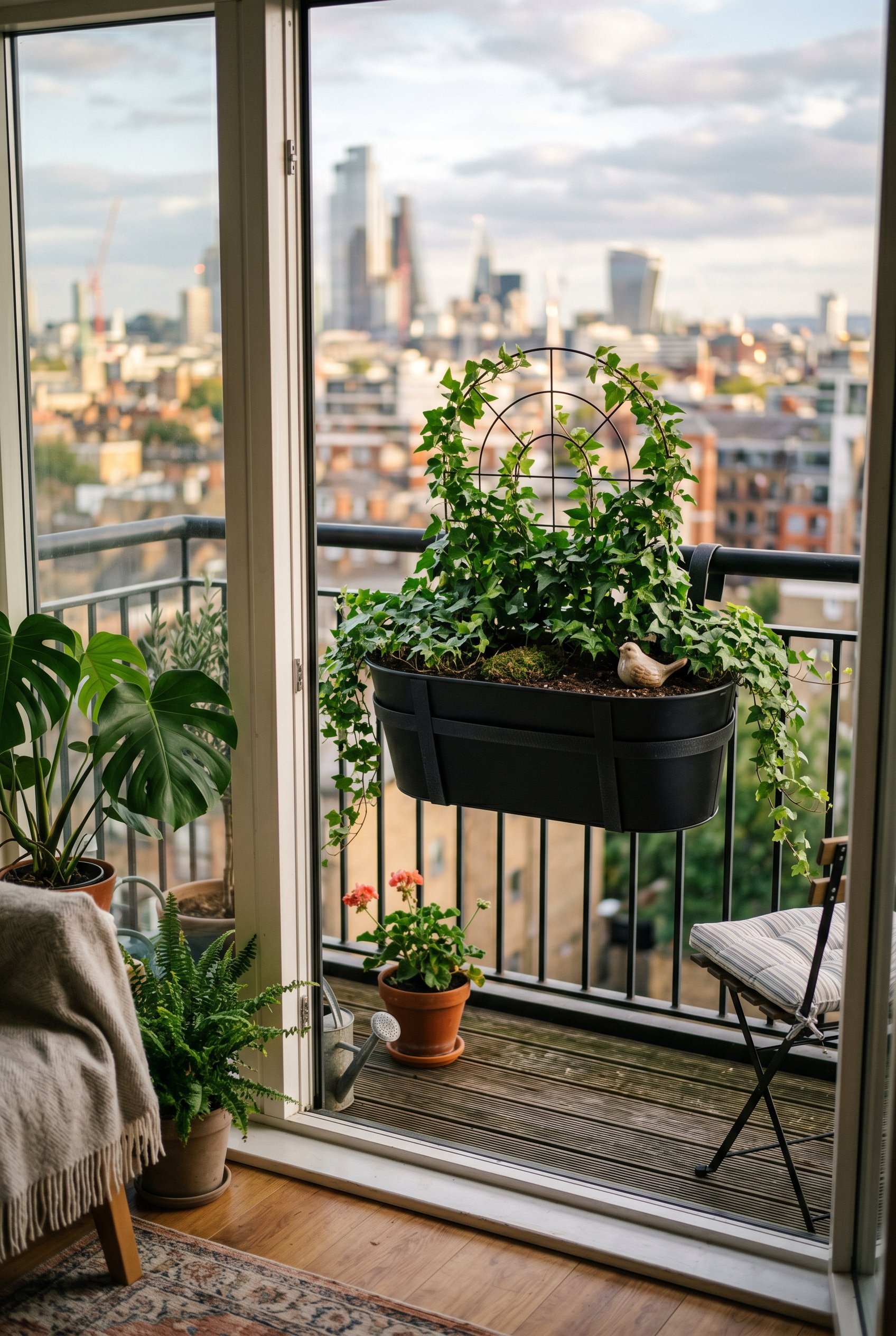 Photorealistic interior photo. A black metal saddle planter straddling a balcony railing, featuring a small semi-circle wire trellis sticking out of the soil. Climbing ivy acting as a mini privacy scr
