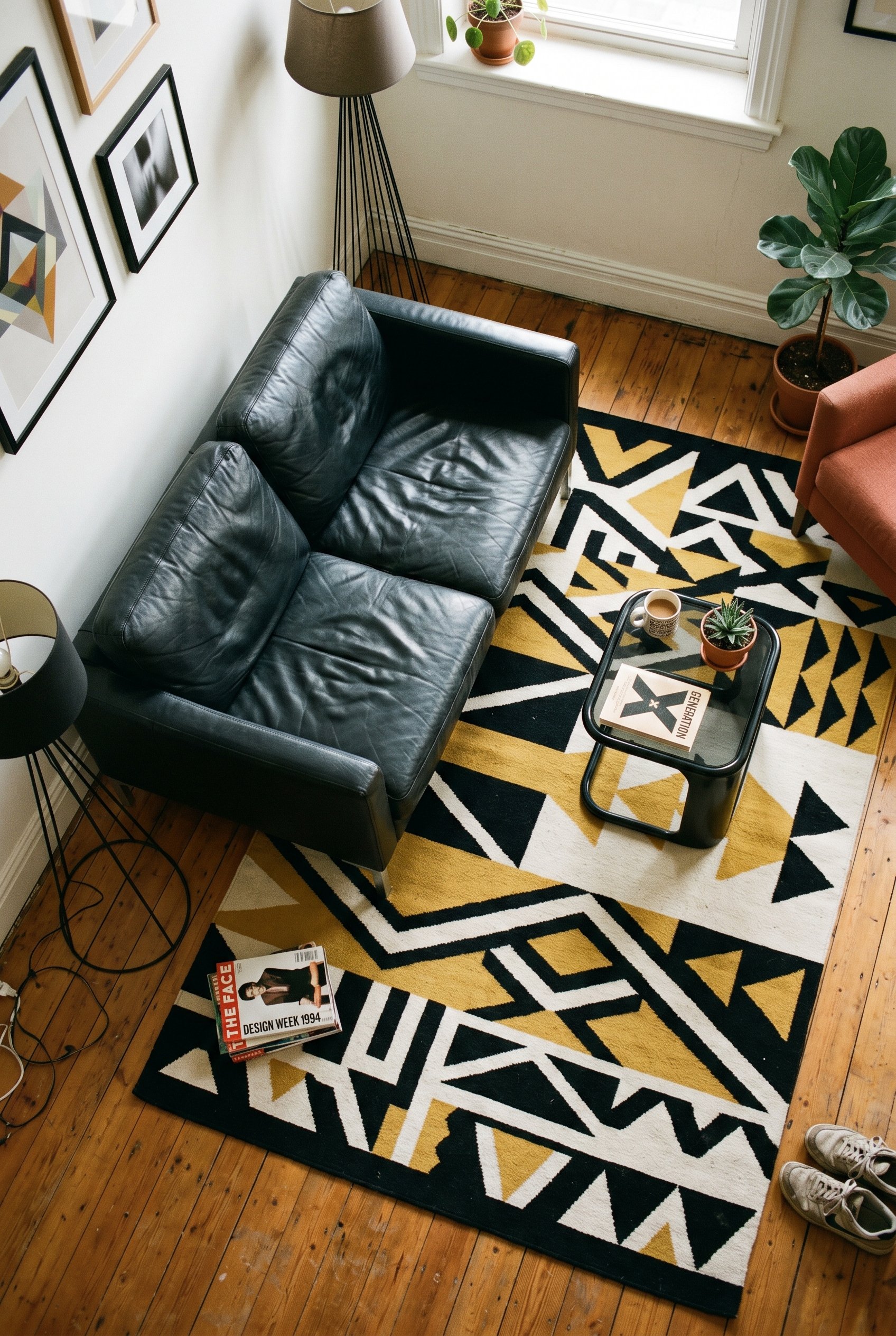 Photorealistic interior photo. A bold geometric pattern rug in black, white, and mustard yellow under a simple black leather sofa. 90s postmodern style. Top-down camera angle. Editorial photography st
