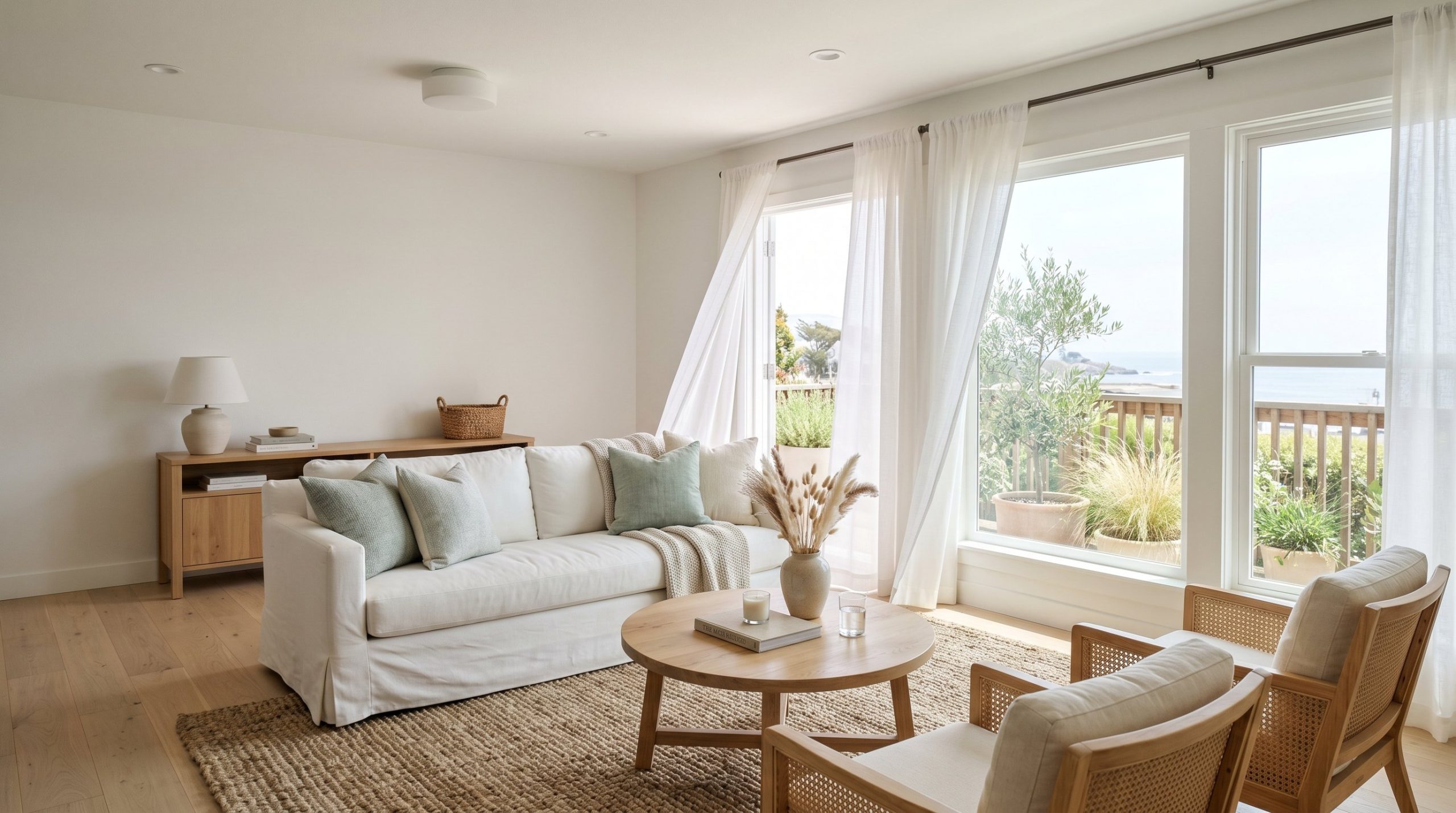 Photorealistic interior photo. A breathtaking modern coastal living room with expansive natural light, featuring a crisp white slipcovered sofa, a layered jute rug, blonde white-oak accents, and sheer