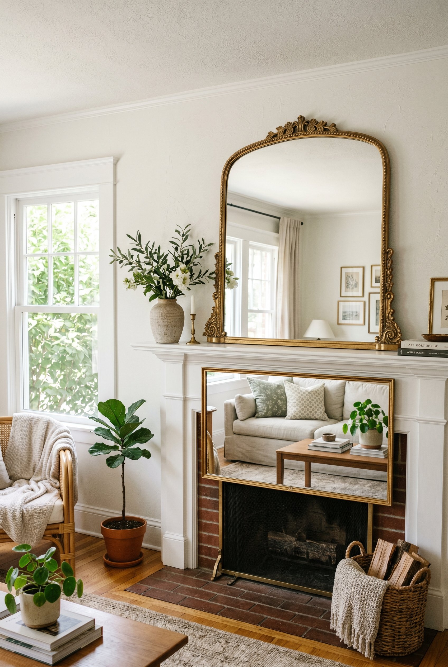 Photorealistic interior photo. A bright, airy living room. An oversized, ornate gold Anthropologie-style mirror rests directly on the mantel, reflecting a sunlit room. Crisp white walls, fresh greener