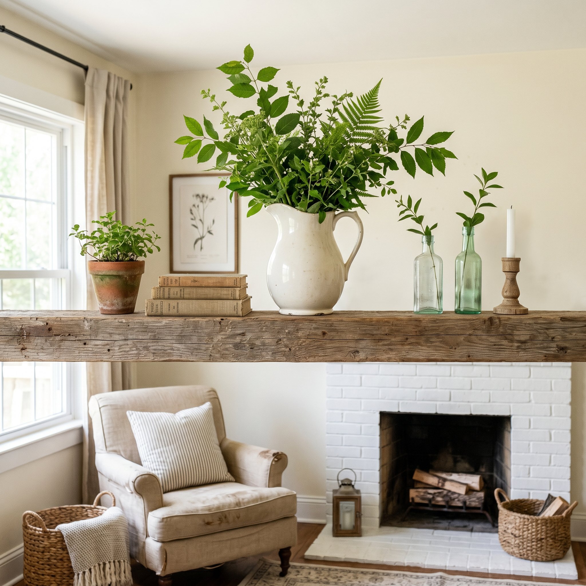 Photorealistic interior photo. A budget-friendly summer mantel restyle. A simple white ironstone kitchen pitcher filled with fresh green yard clippings sits on a rustic wood mantel. Farmhouse aestheti