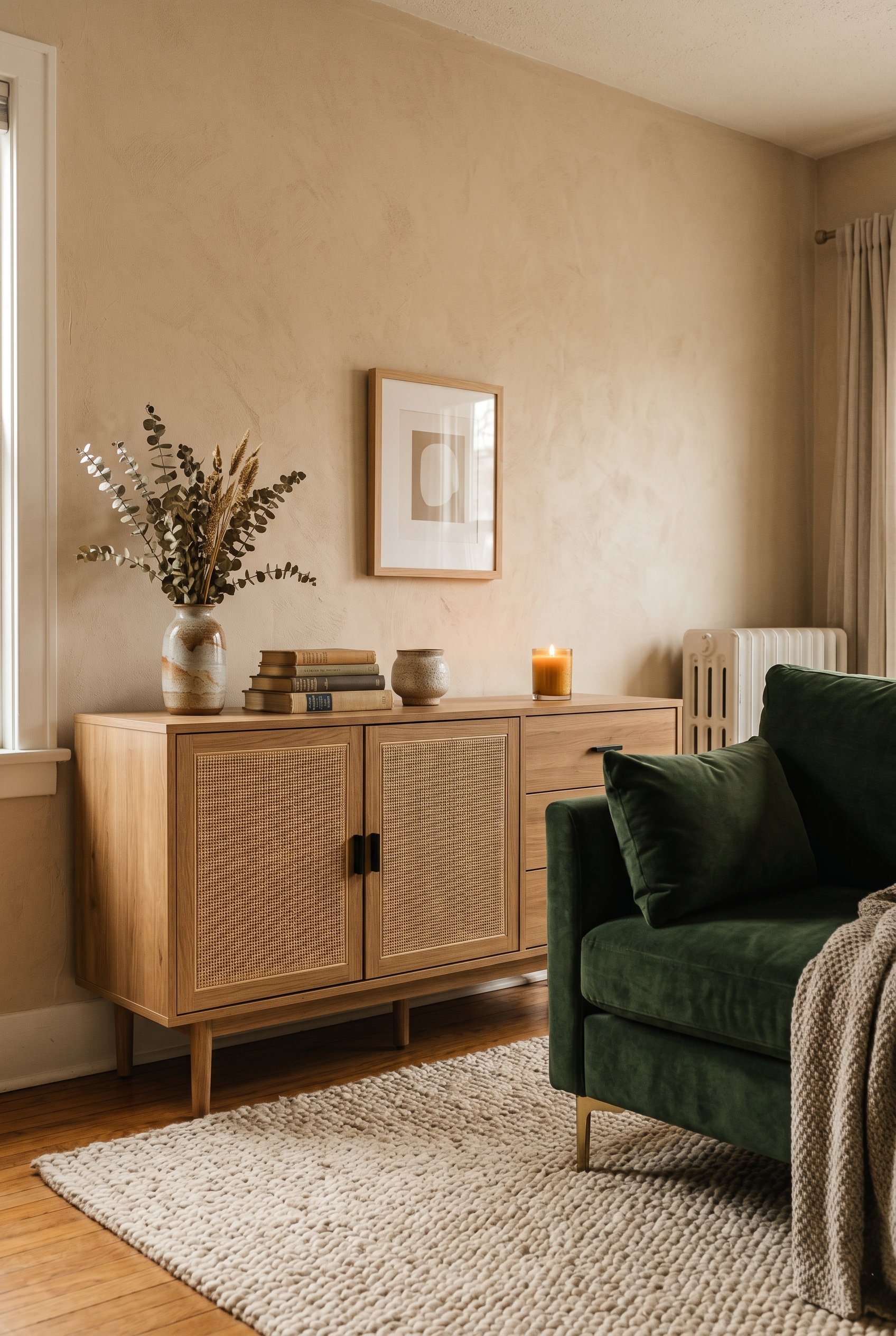 Photorealistic interior photo. A cane-front wooden sideboard placed against a warm beige textured wall. A chunky wool rug and a heavy velvet chair partially visible in the frame. Warm ambient lighting