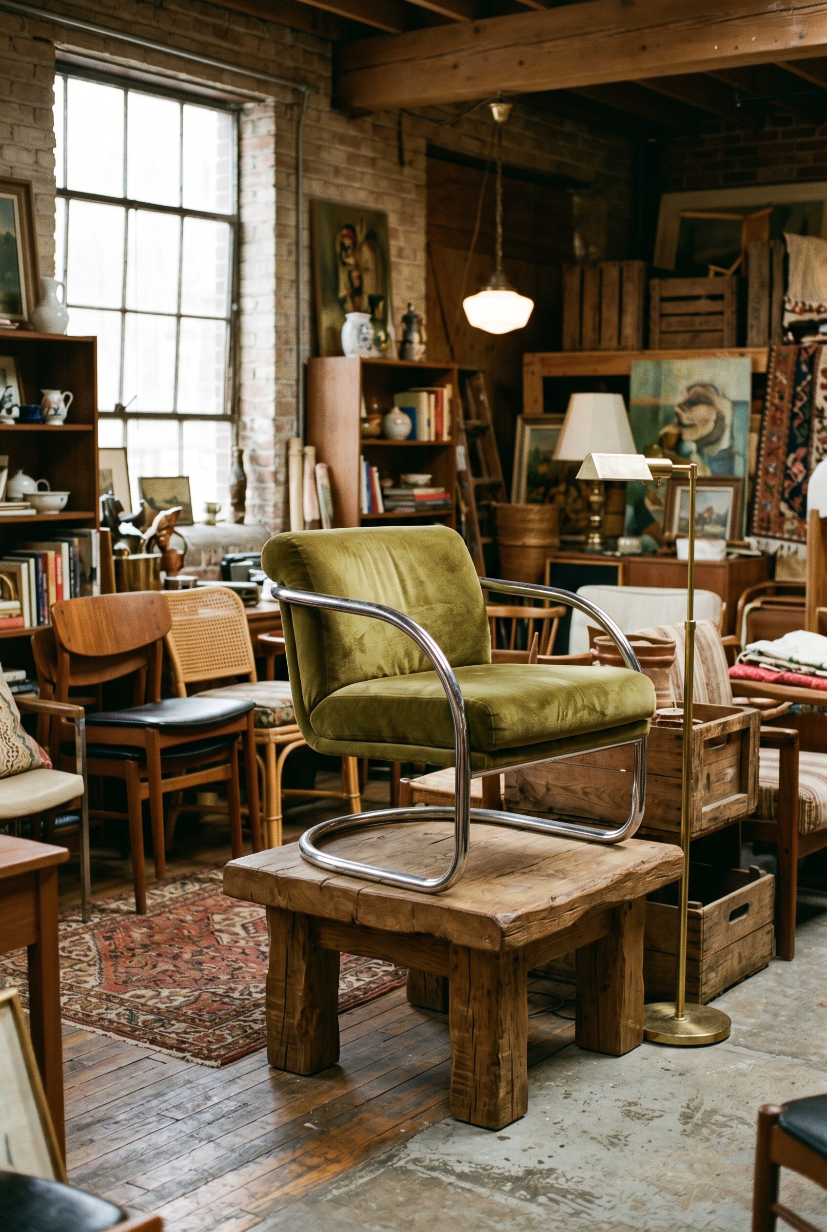 Photorealistic interior photo. A chaotic but curated vintage furniture warehouse setting, showing a postmodern curved chair and a chunky wood side table stacked together. Diffused industrial lighting,