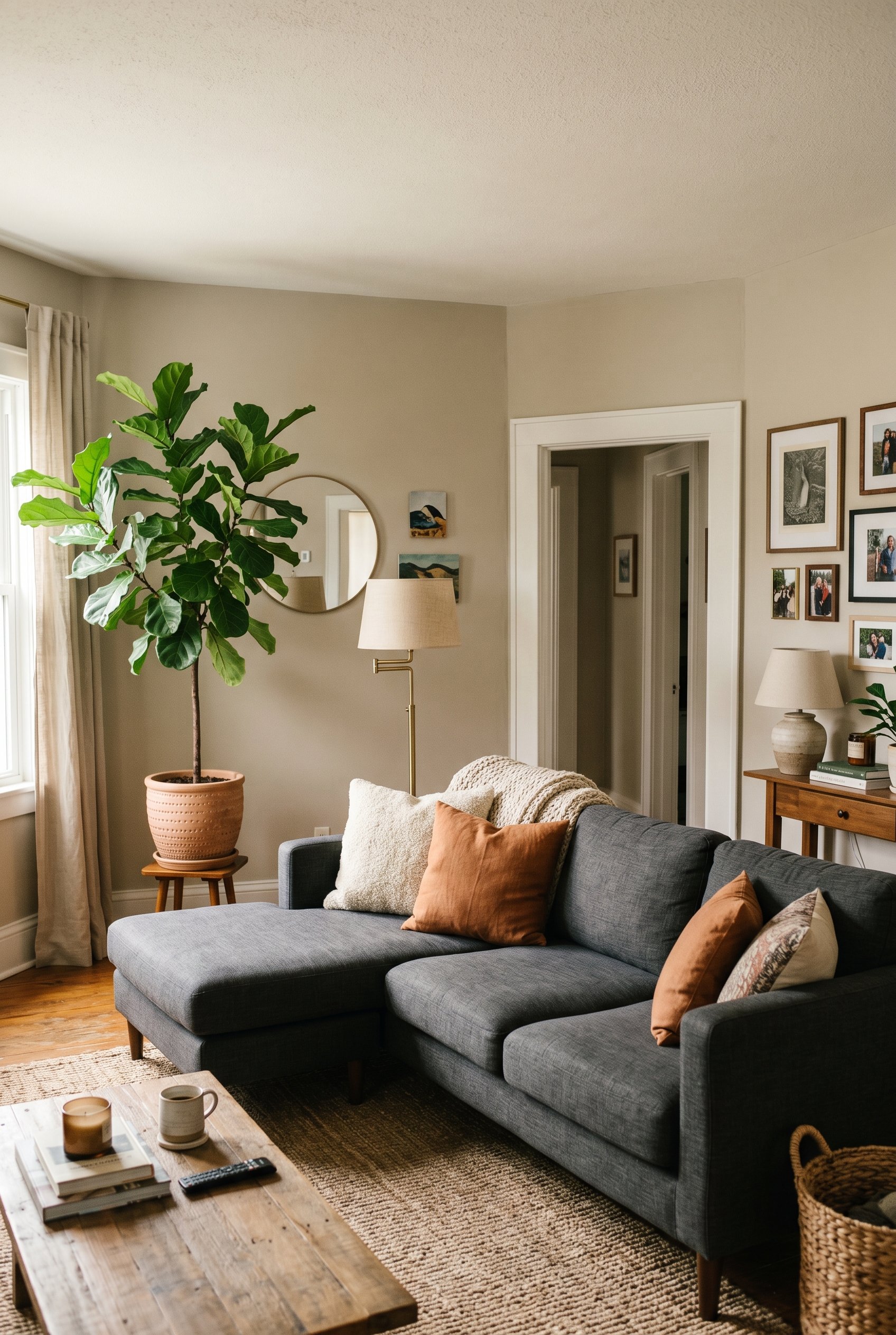Photorealistic interior photo. A charcoal sectional angled parallel to a diagonal doorway in a small living room, a tall fiddle leaf fig tucked into the corner behind it. Editorial photography style, 